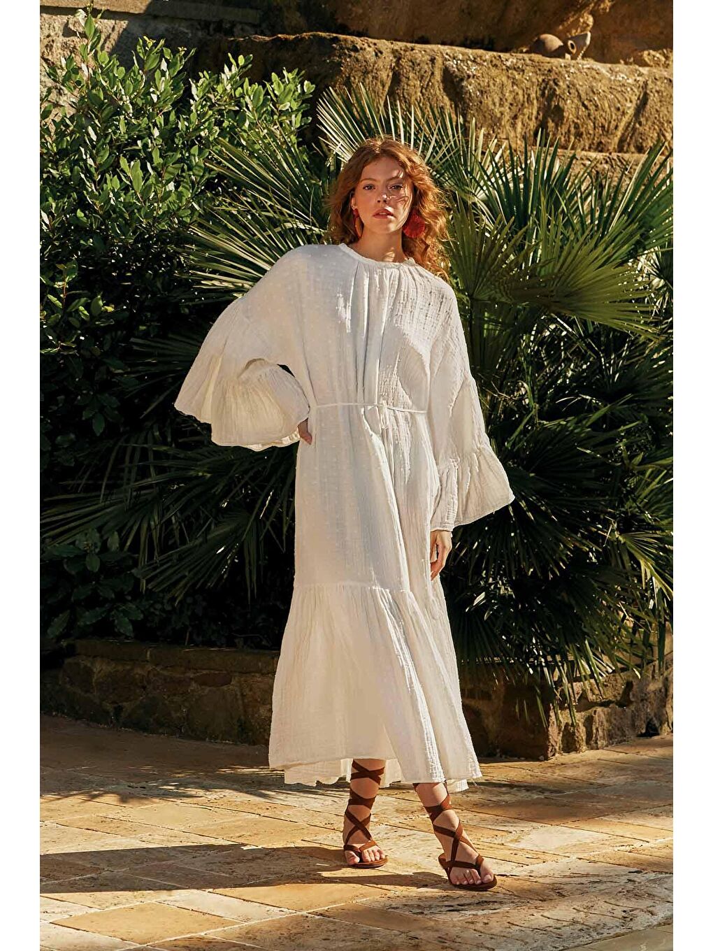 Kabartmalı Müslin Elbise Ekru