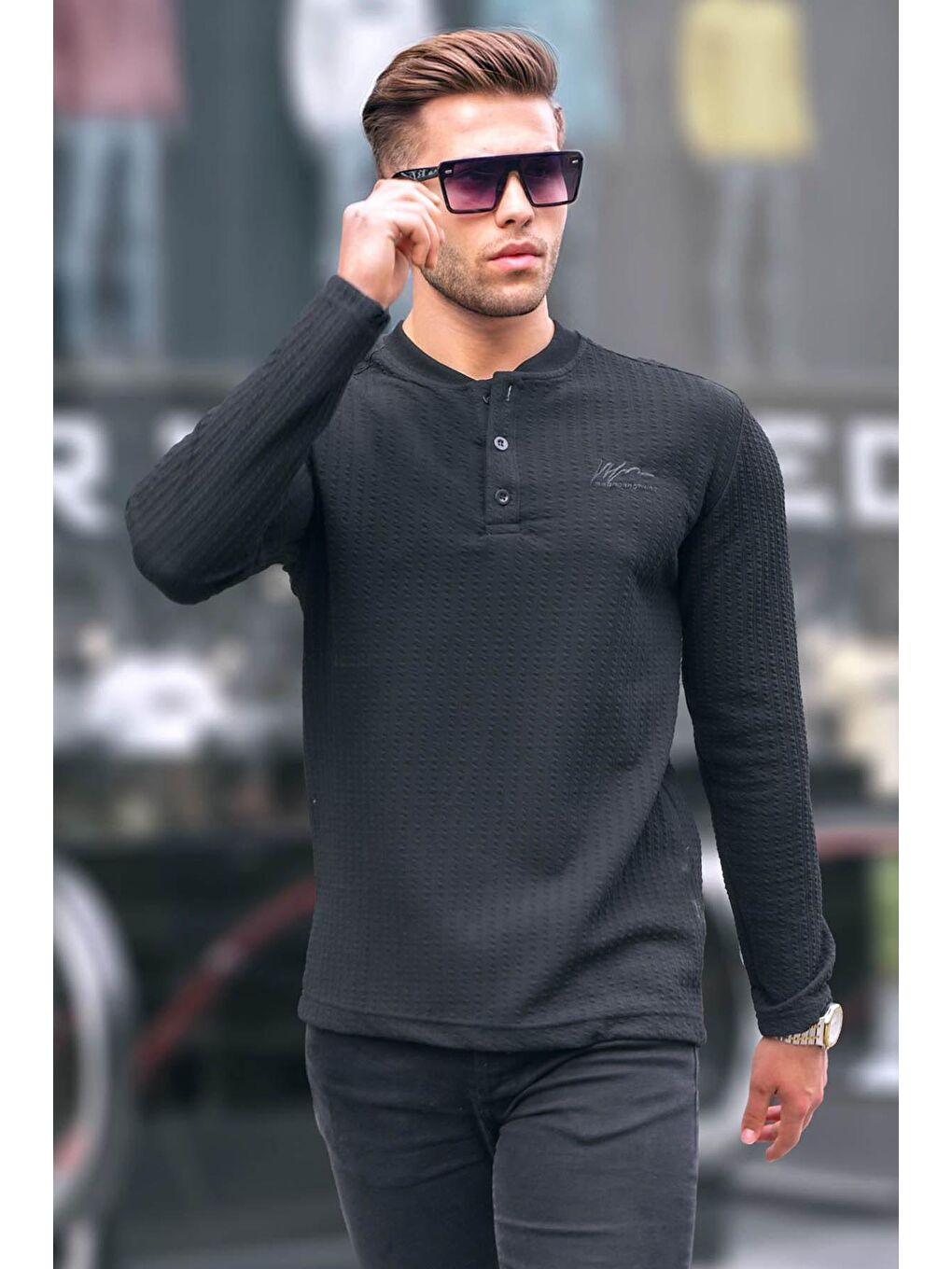 Siyah Waffle Kumaş Basic Kazak 6007