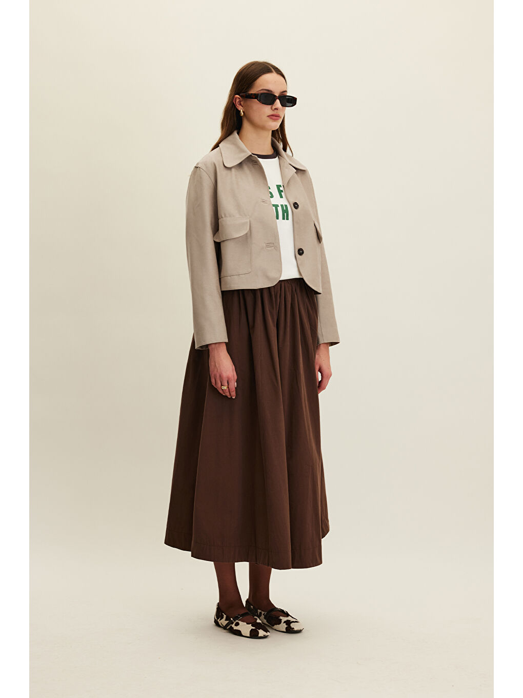 Katy Gabardin Büzgülü Etek Kahverengi-1