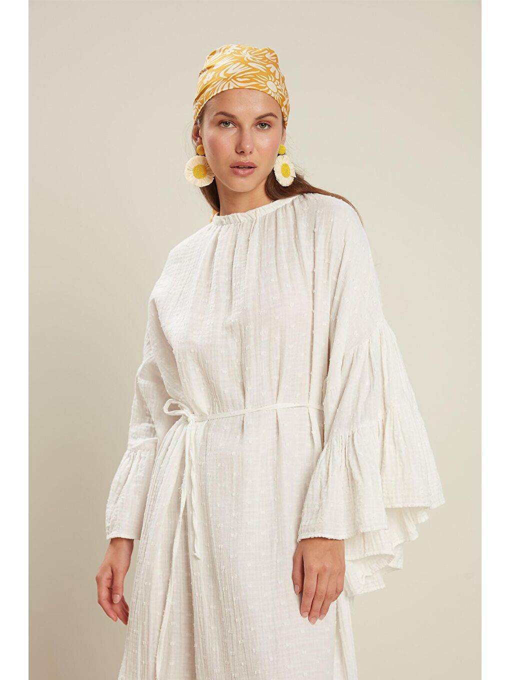 Kabartmalı Müslin Elbise Ekru-1