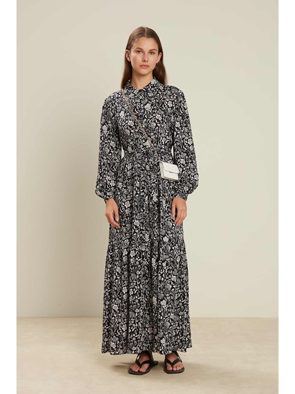 Viskon Düğmeli Gömlek Elbise Garden-Siyah-2