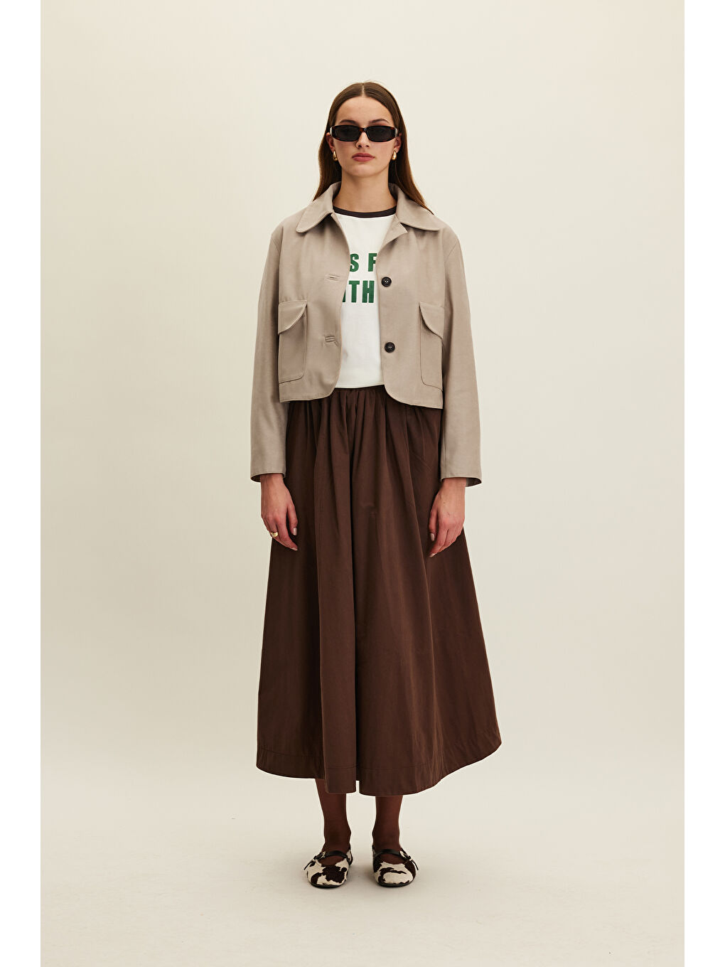Katy Gabardin Büzgülü Etek Kahverengi-2