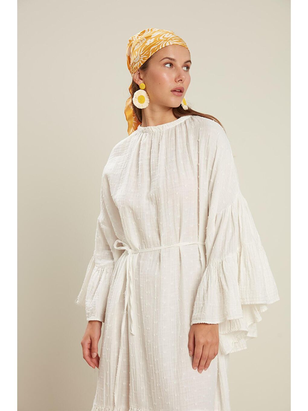 Kabartmalı Müslin Elbise Ekru-2