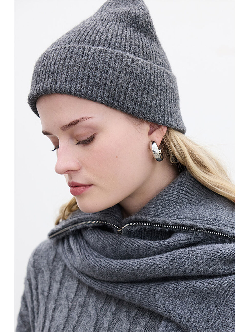 Fitilli Örgü Bere Gri