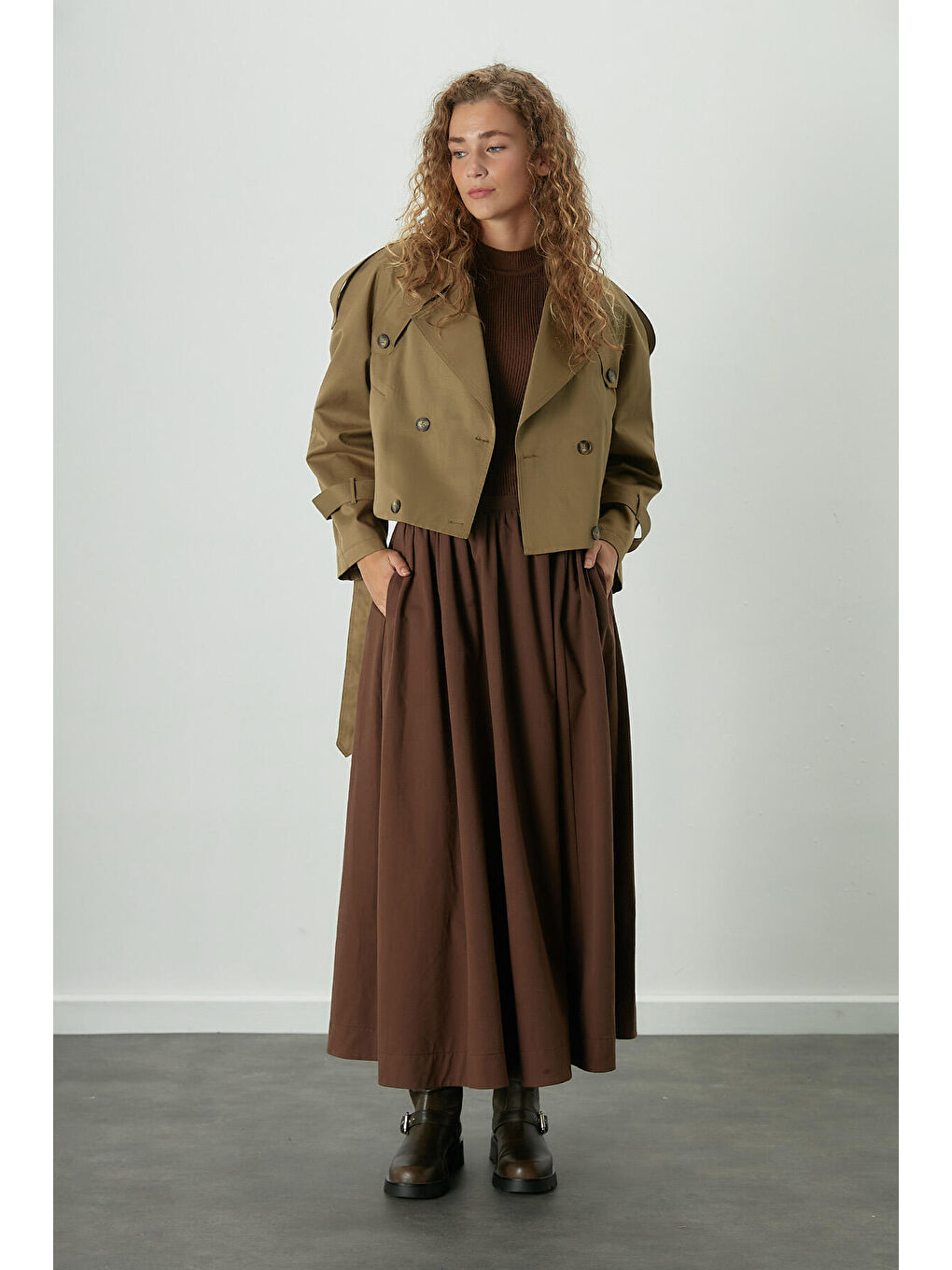Katy Gabardin Büzgülü Etek Kahverengi-4