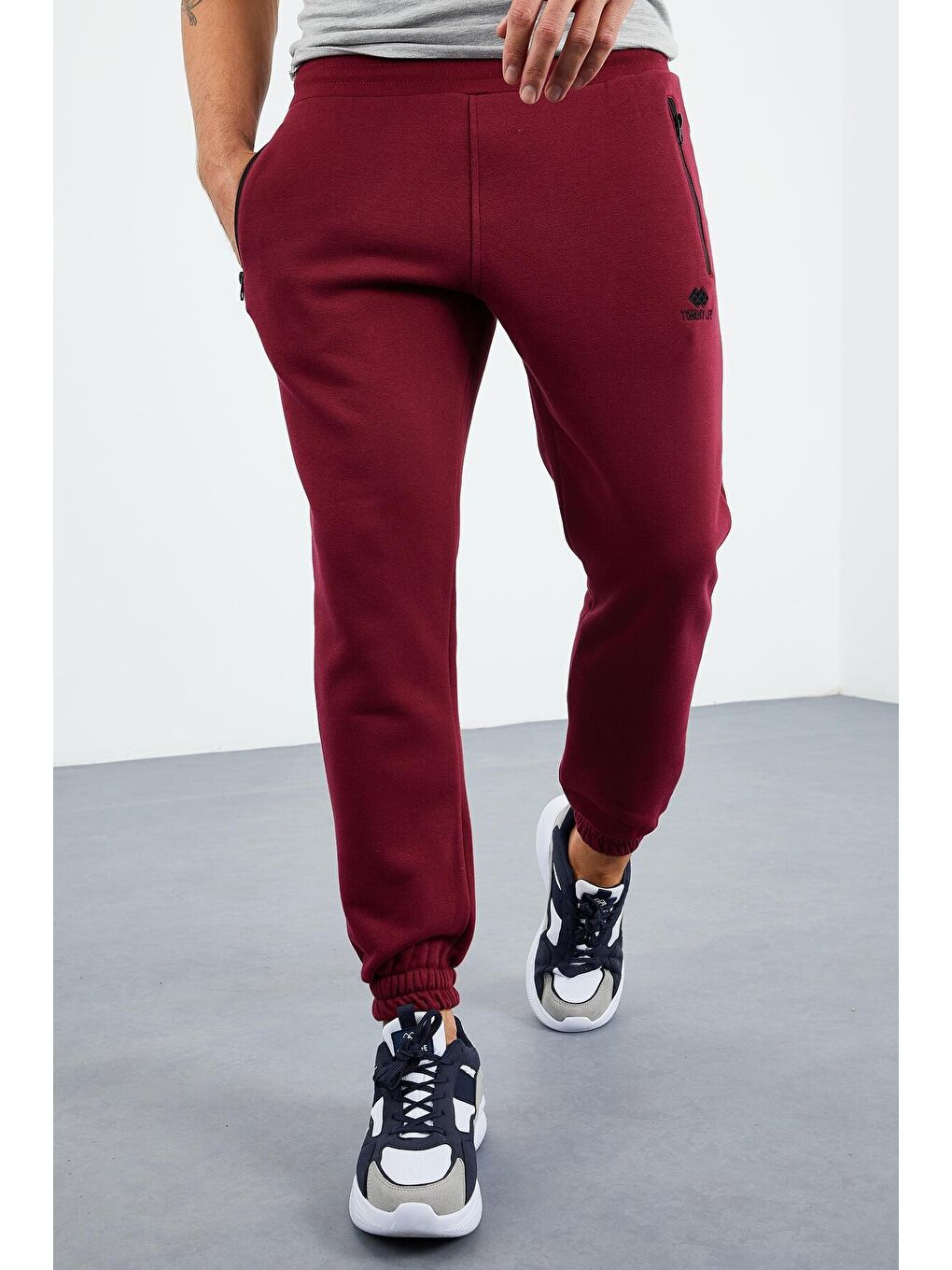 Bordo Erguvan Fermuar Cepli Lastik Paça Rahat Form Erkek Eşofman Alt - 84856-1