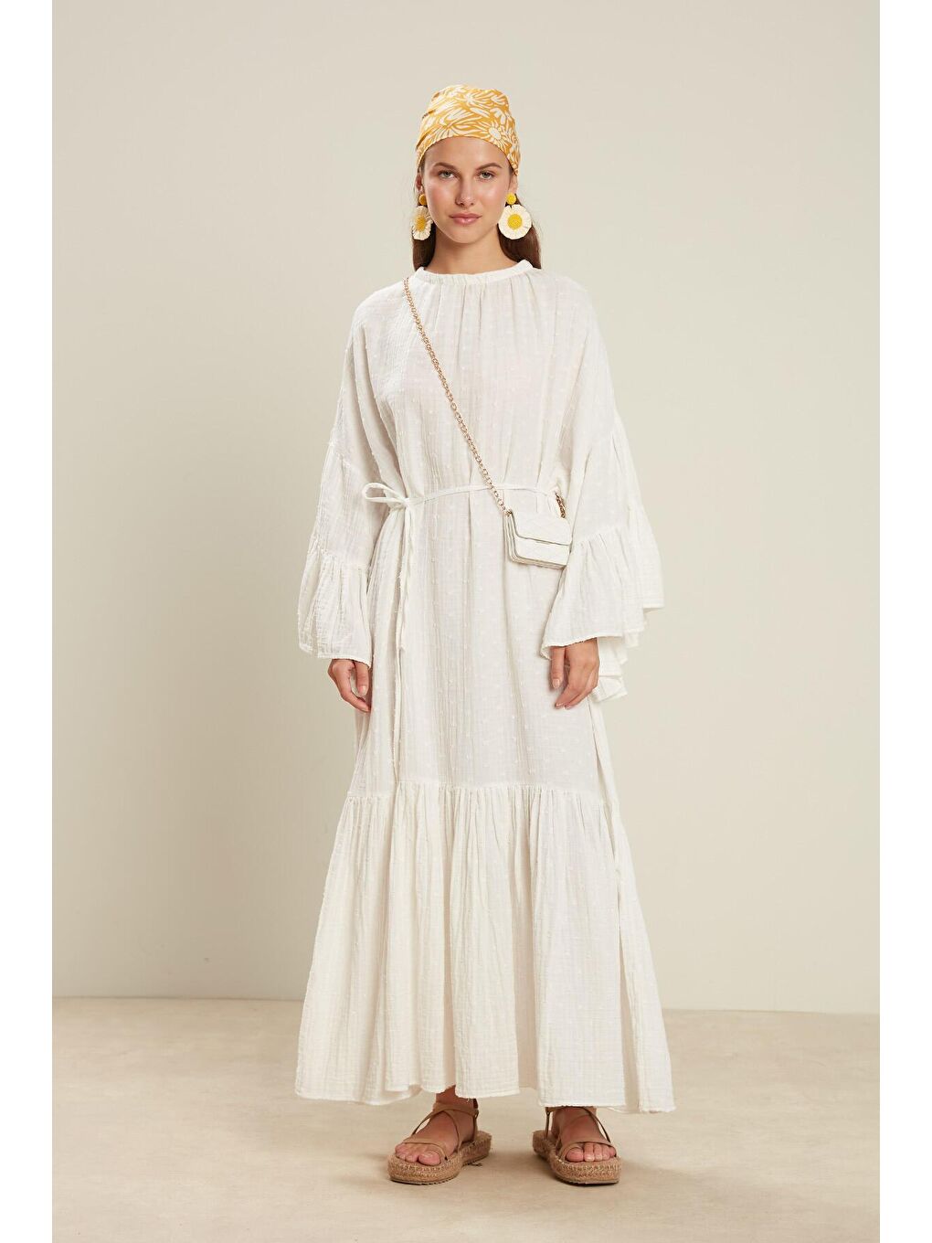 Kabartmalı Müslin Elbise Ekru-3