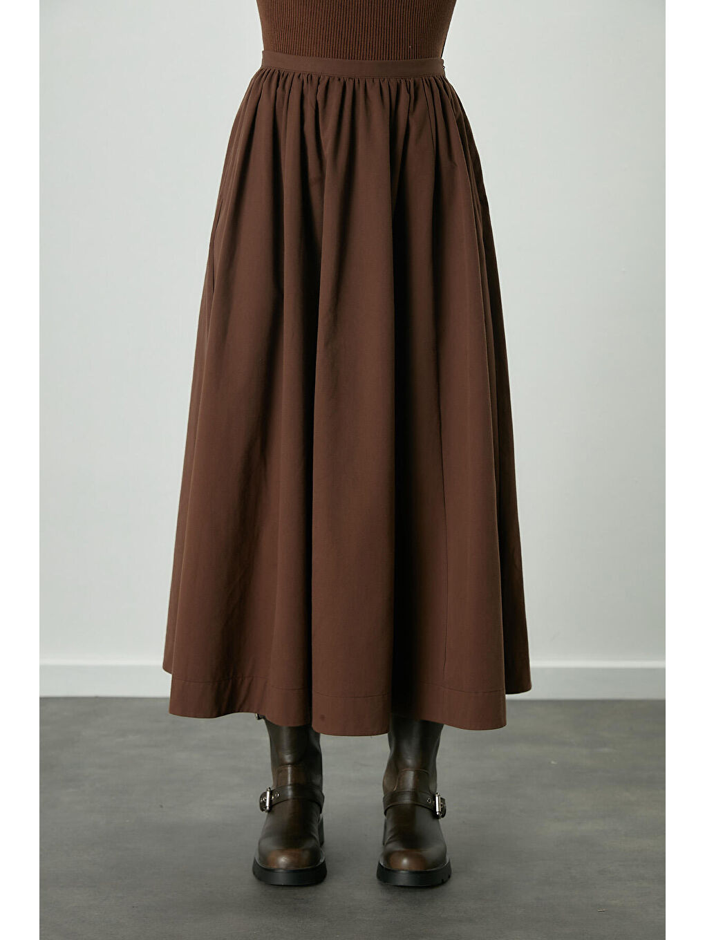 Katy Gabardin Büzgülü Etek Kahverengi-5