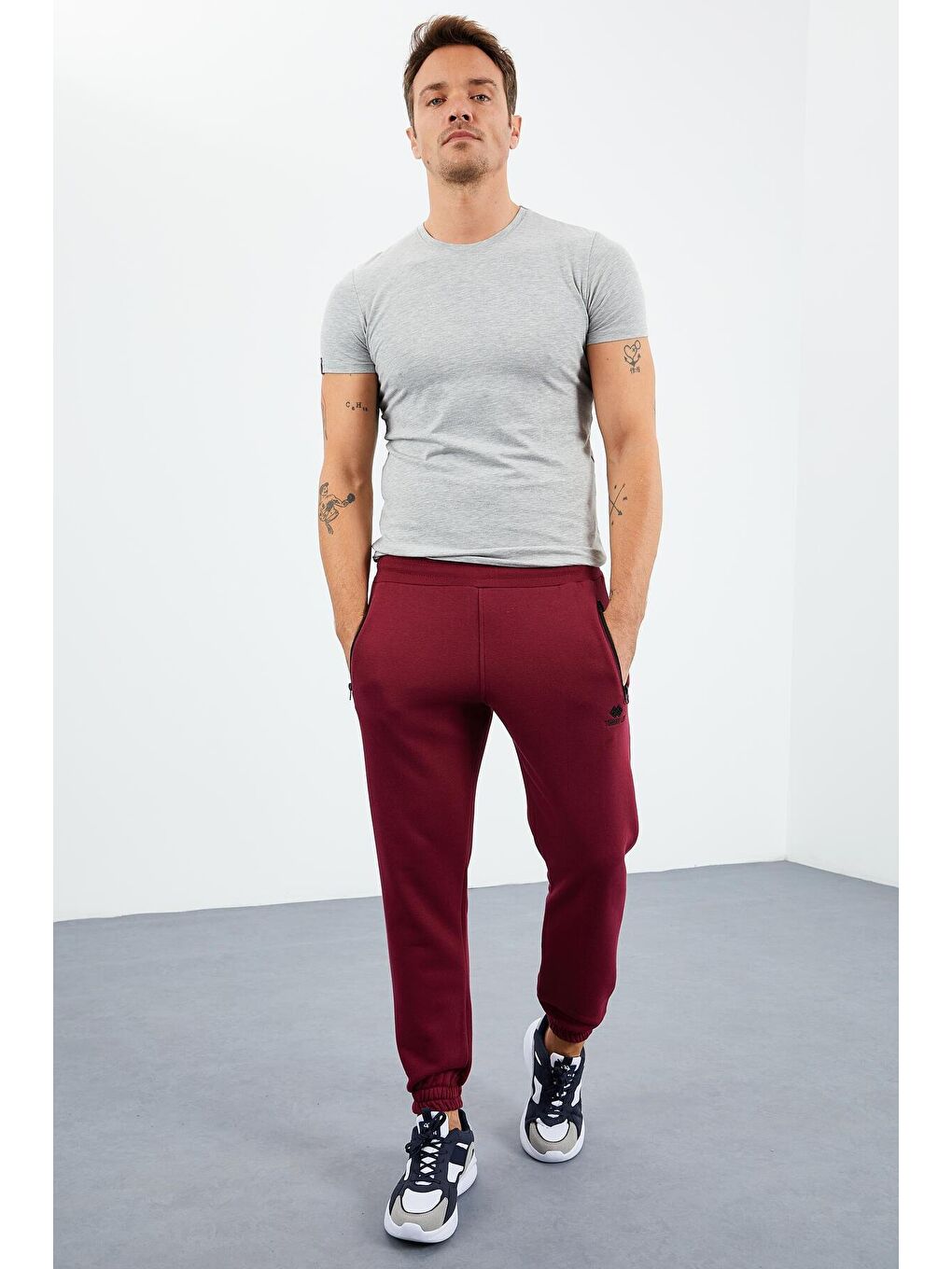 Bordo Erguvan Fermuar Cepli Lastik Paça Rahat Form Erkek Eşofman Alt - 84856-2