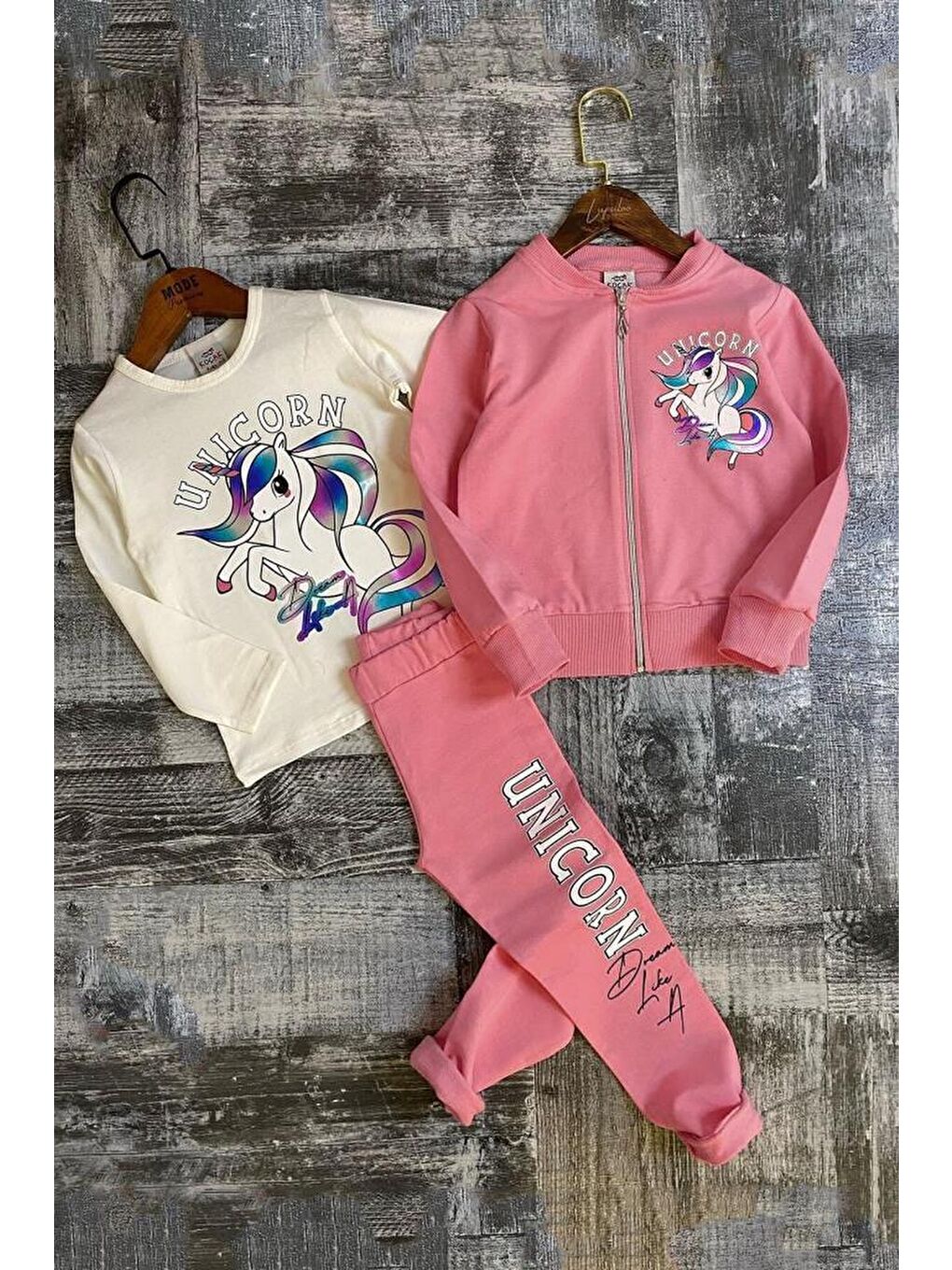 Kız Çocuk  Baskılı 3lü Pembe Taytlı Takım