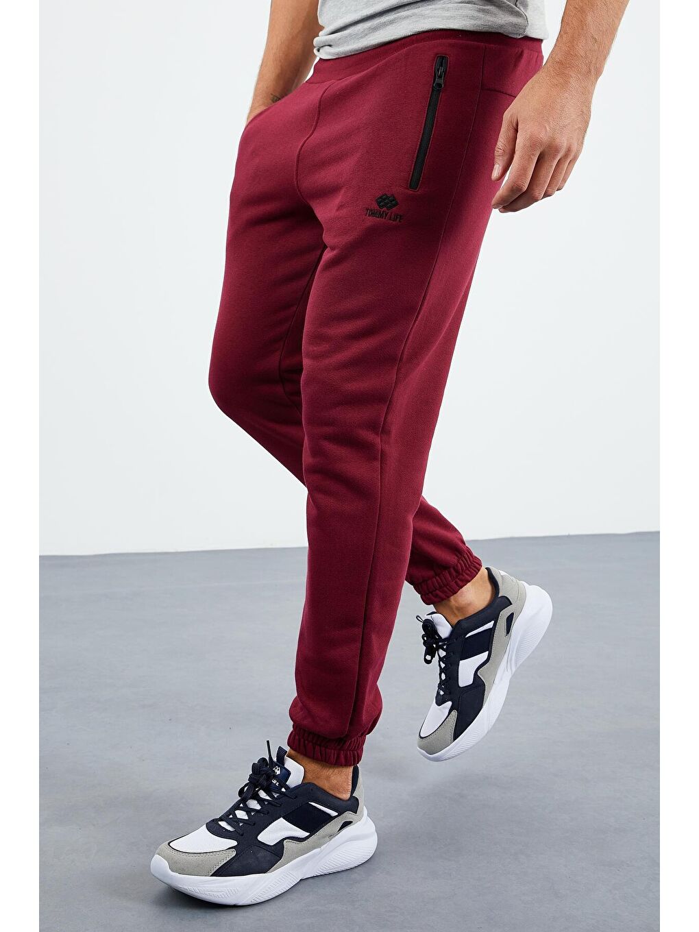 Bordo Erguvan Fermuar Cepli Lastik Paça Rahat Form Erkek Eşofman Alt - 84856-3