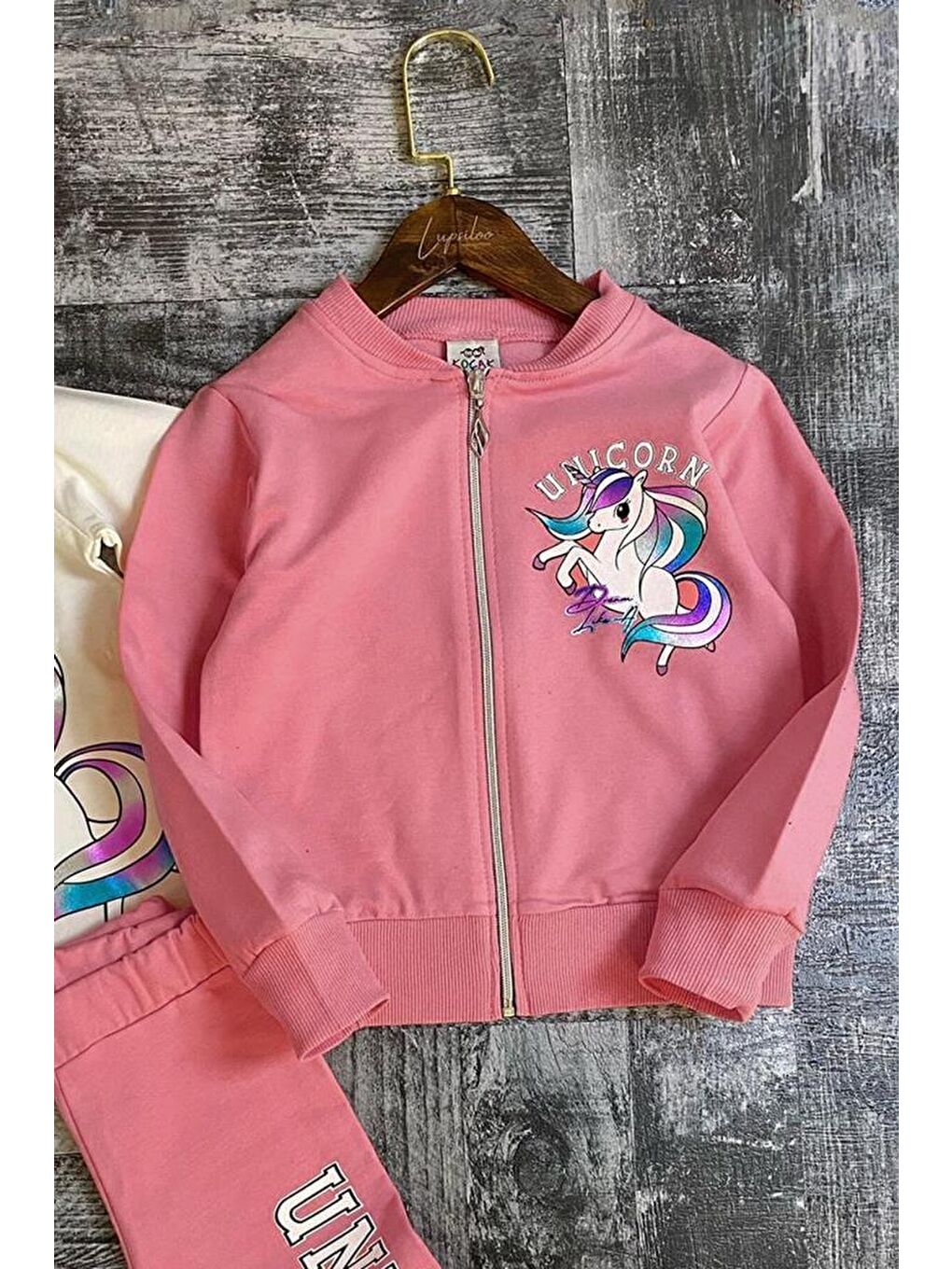 Kız Çocuk  Baskılı 3lü Pembe Taytlı Takım-1