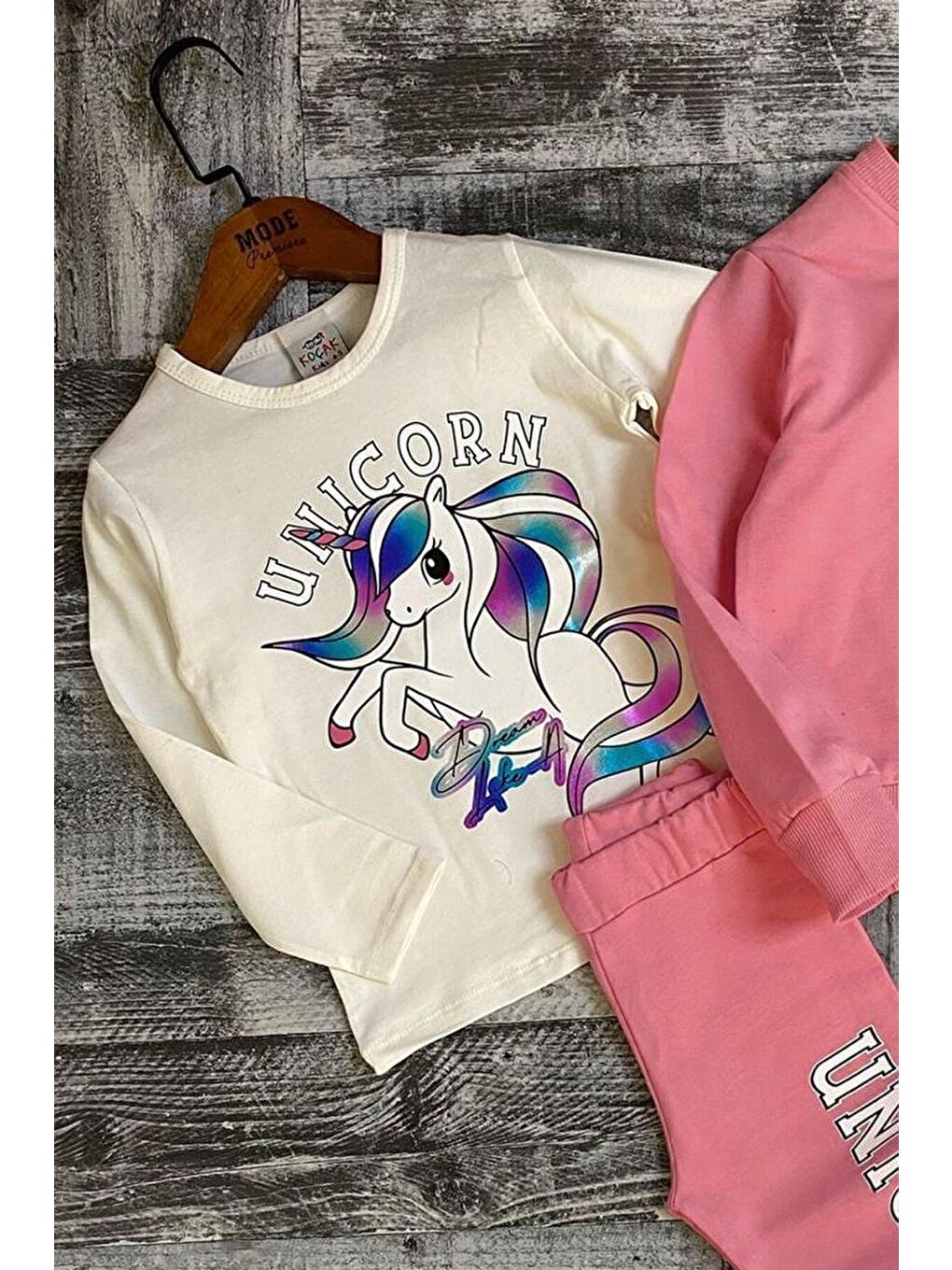 Kız Çocuk  Baskılı 3lü Pembe Taytlı Takım-2