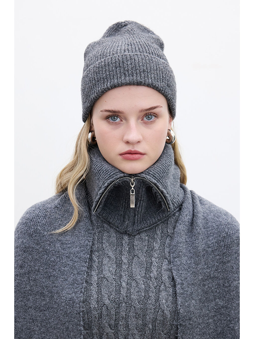 Fitilli Örgü Bere Gri-2