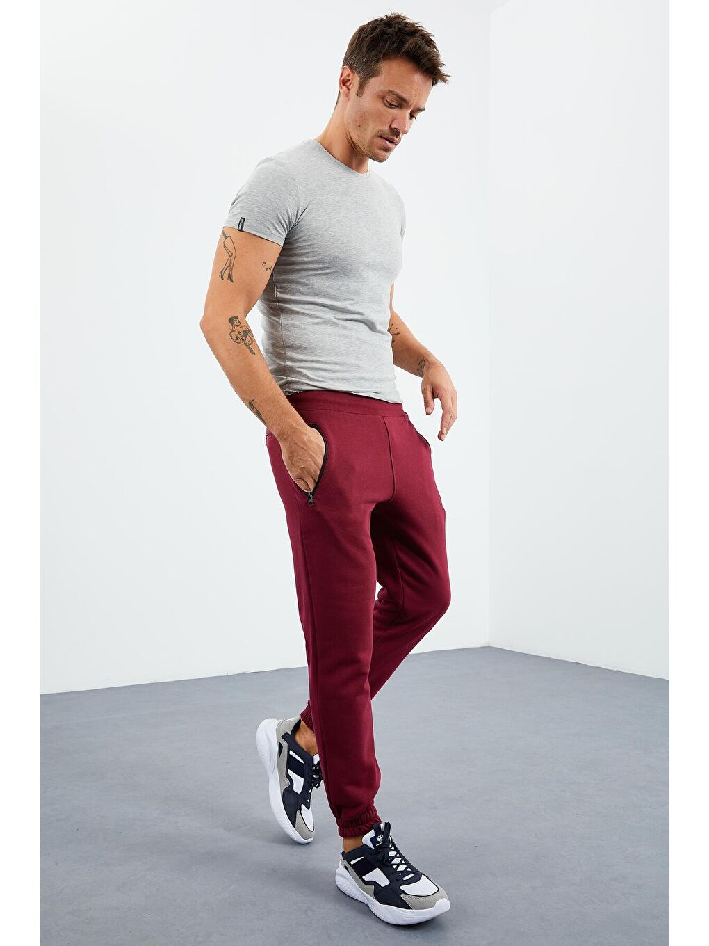 Bordo Erguvan Fermuar Cepli Lastik Paça Rahat Form Erkek Eşofman Alt - 84856-4