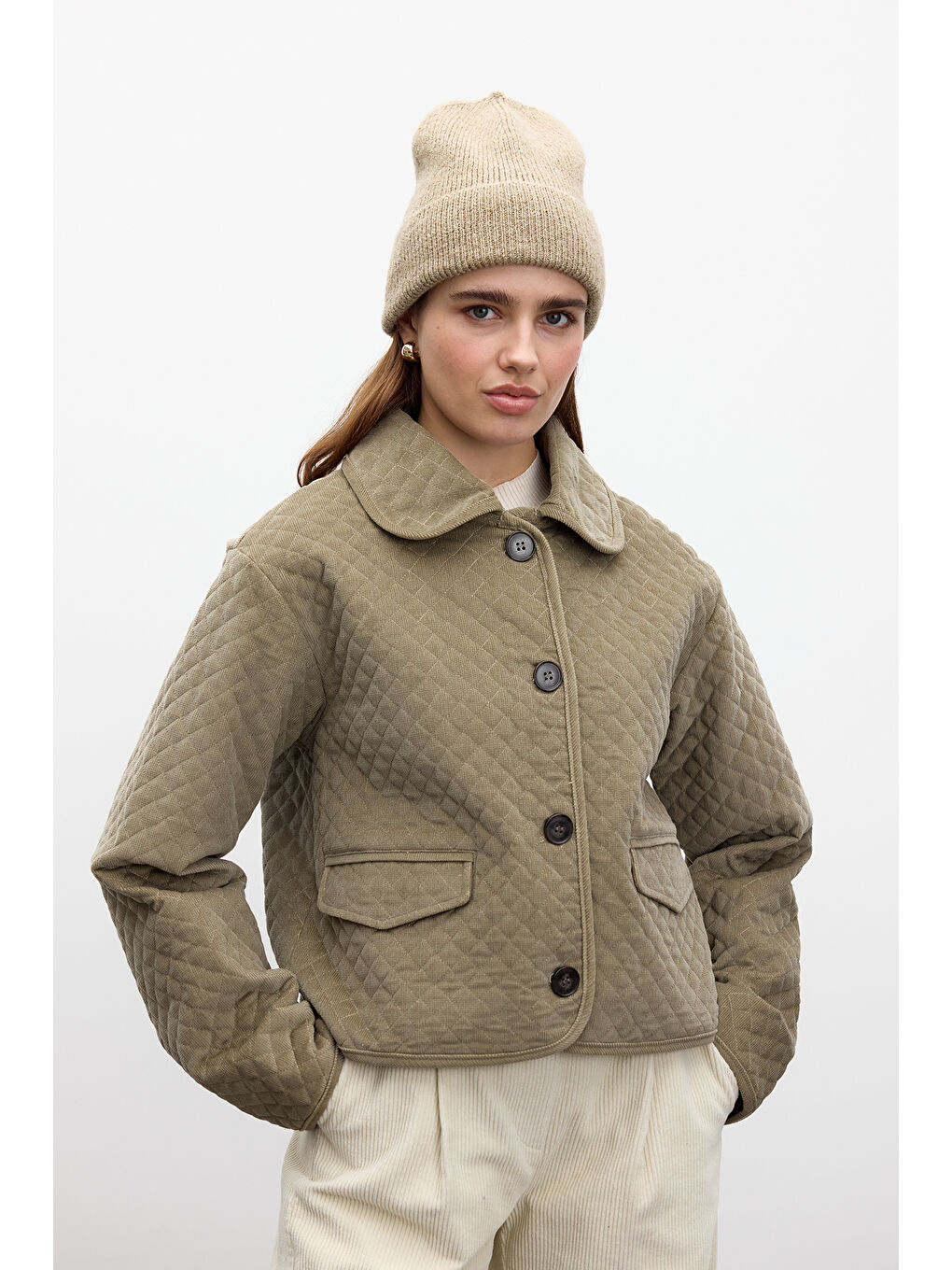 Kahverengi Kapitone Kadife Ceket Camel-1