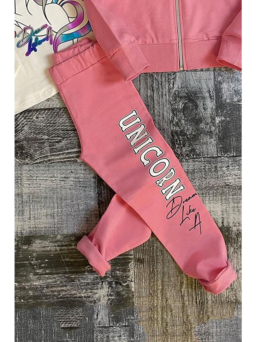 Kız Çocuk  Baskılı 3lü Pembe Taytlı Takım-3