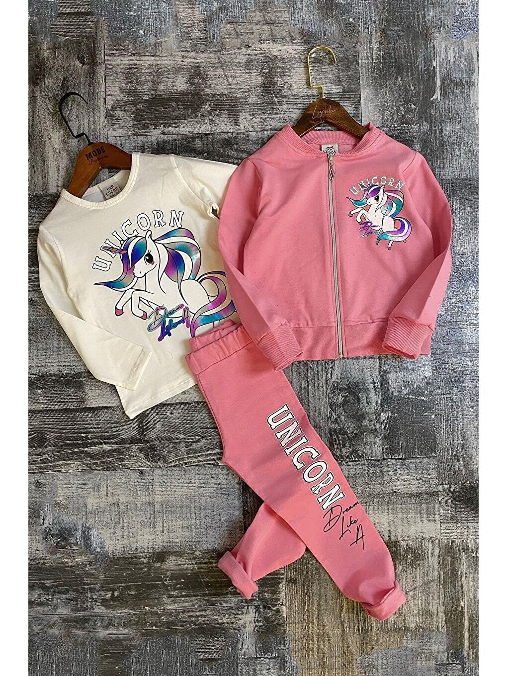 Kız Çocuk  Baskılı 3lü Pembe Taytlı Takım-4