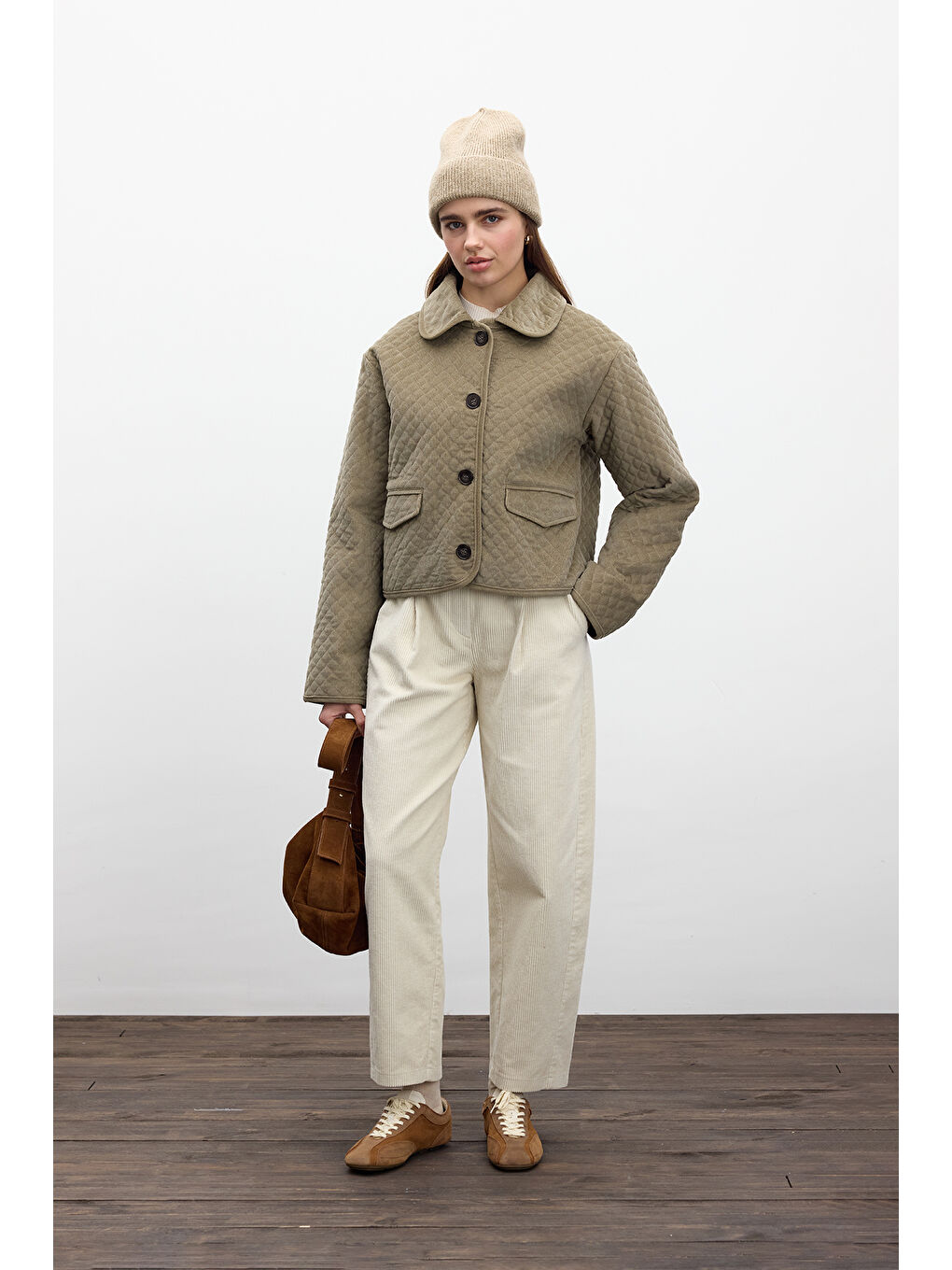 Kahverengi Kapitone Kadife Ceket Camel-2