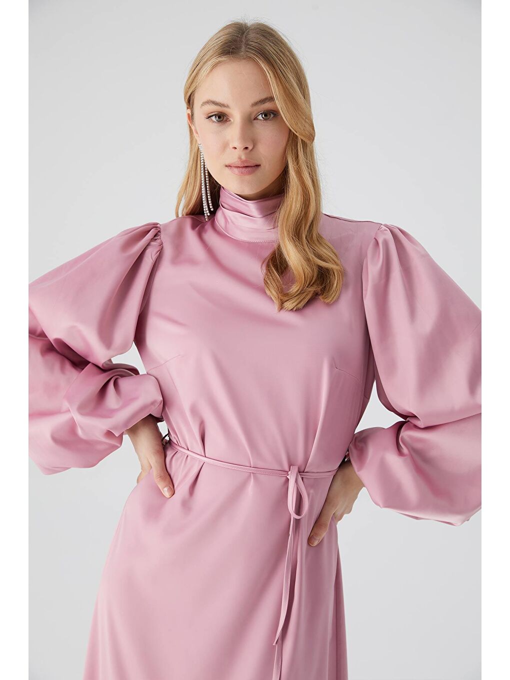 Pembe Balon Kol Saten Abiye Elbise Gül Kurusu