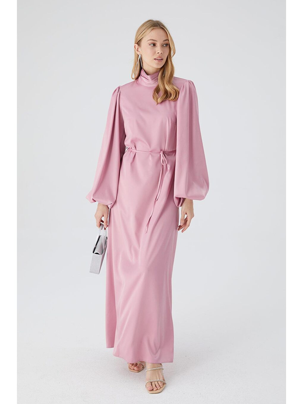 Pembe Balon Kol Saten Abiye Elbise Gül Kurusu-1