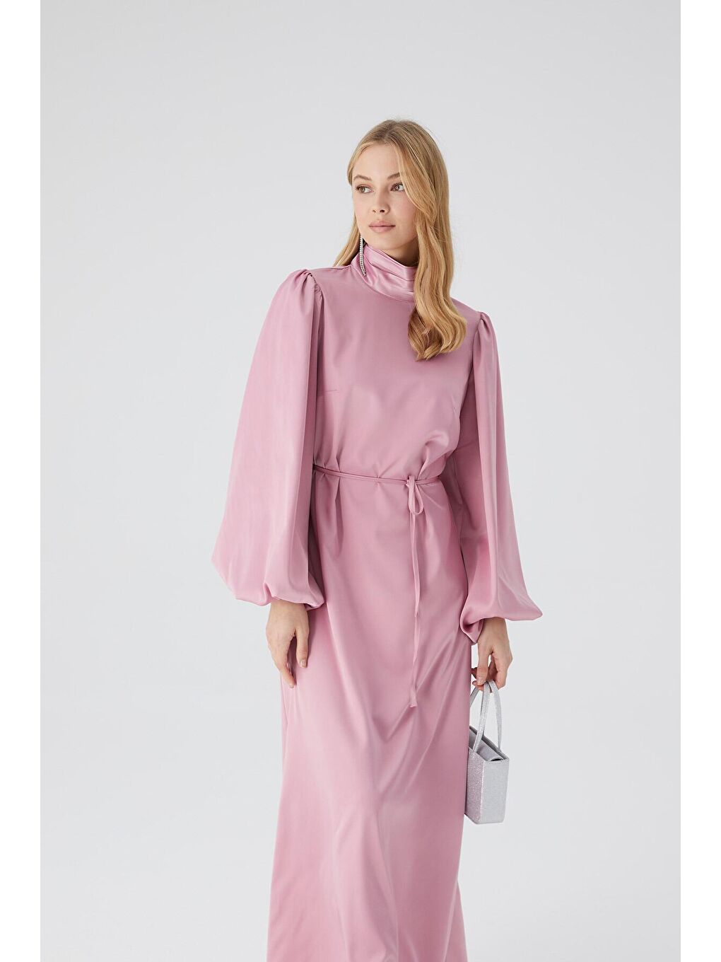 Pembe Balon Kol Saten Abiye Elbise Gül Kurusu-2