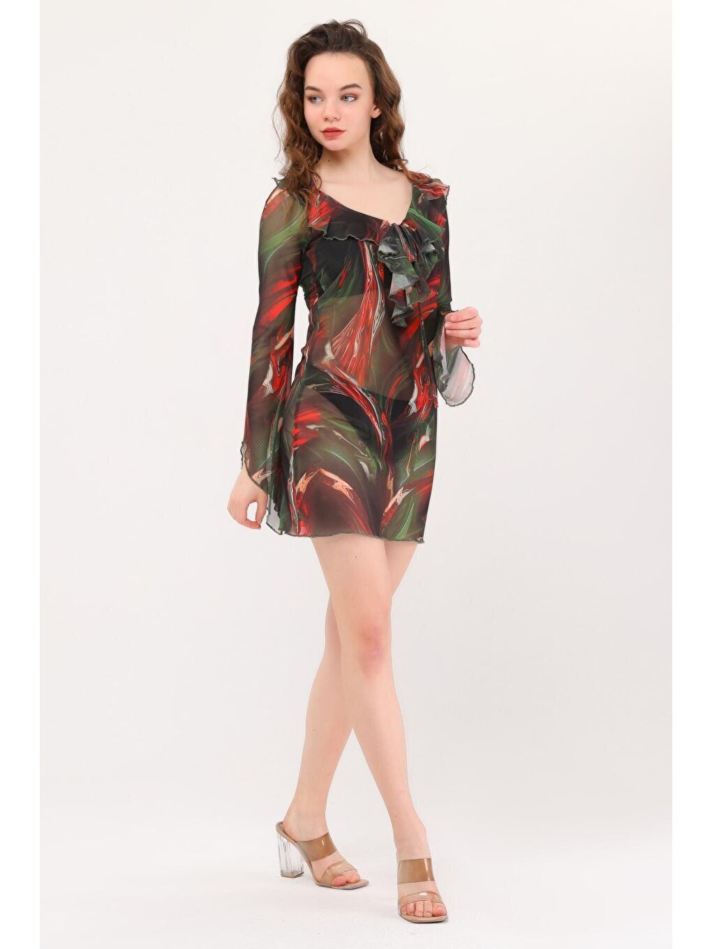 Azula Yeşil Fırfırlı Tül Plaj Elbisesi