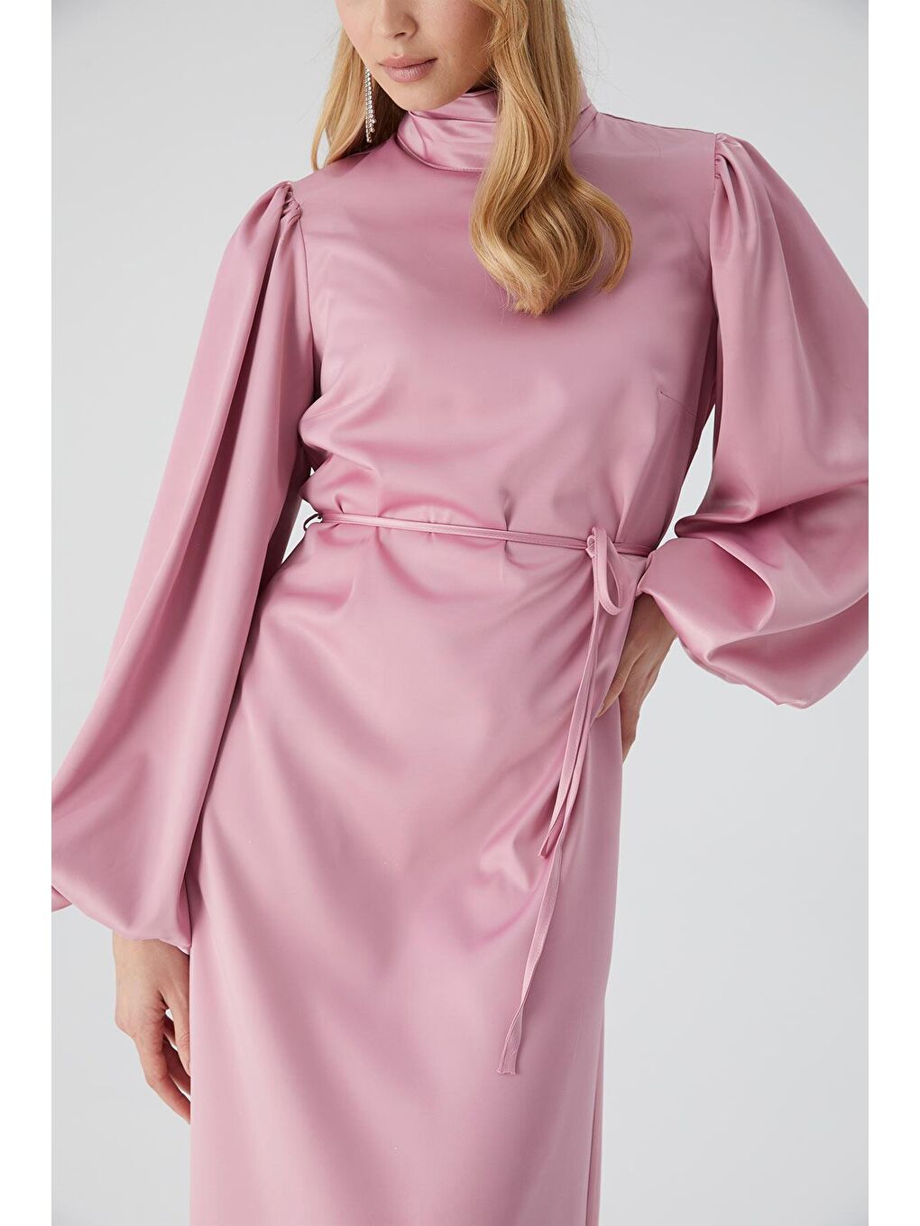 Pembe Balon Kol Saten Abiye Elbise Gül Kurusu-3