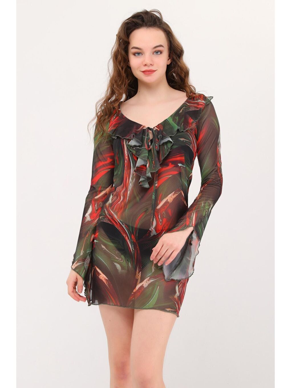 Azula Yeşil Fırfırlı Tül Plaj Elbisesi-1