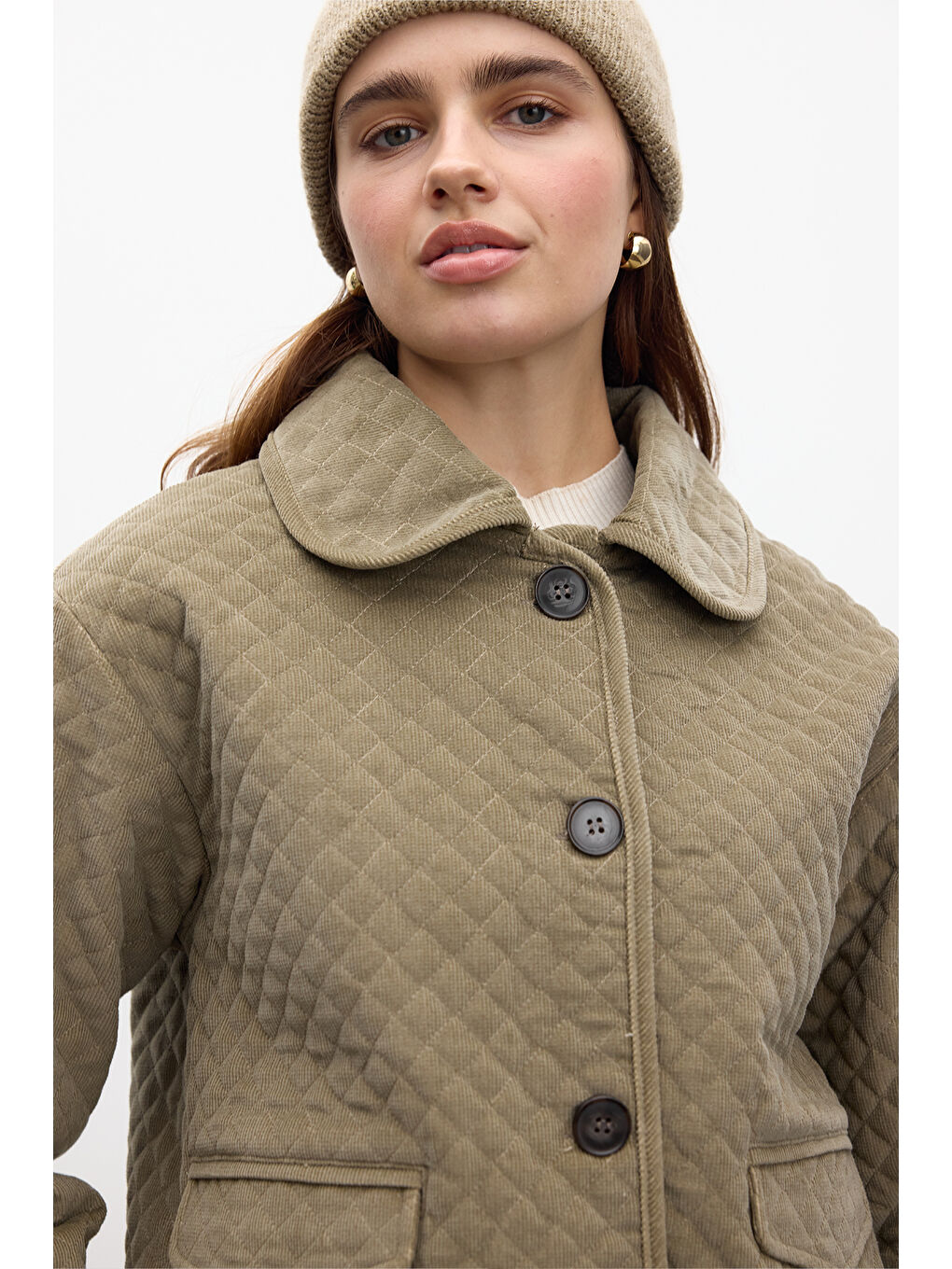 Kahverengi Kapitone Kadife Ceket Camel-5