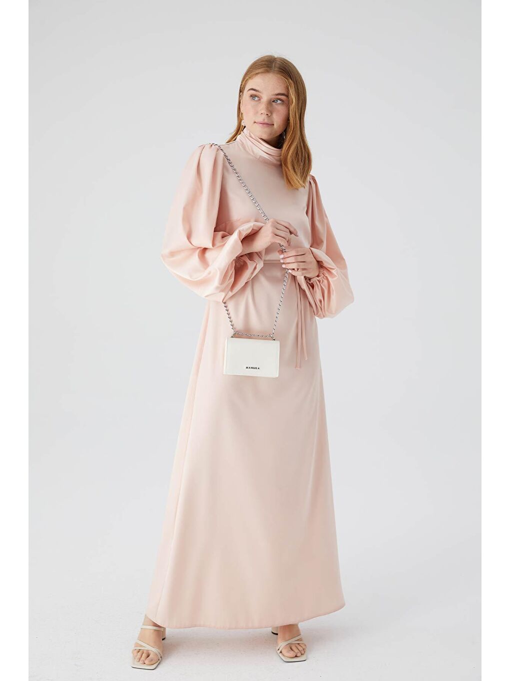 Pembe Balon Kol Saten Abiye Elbise Pudra-1