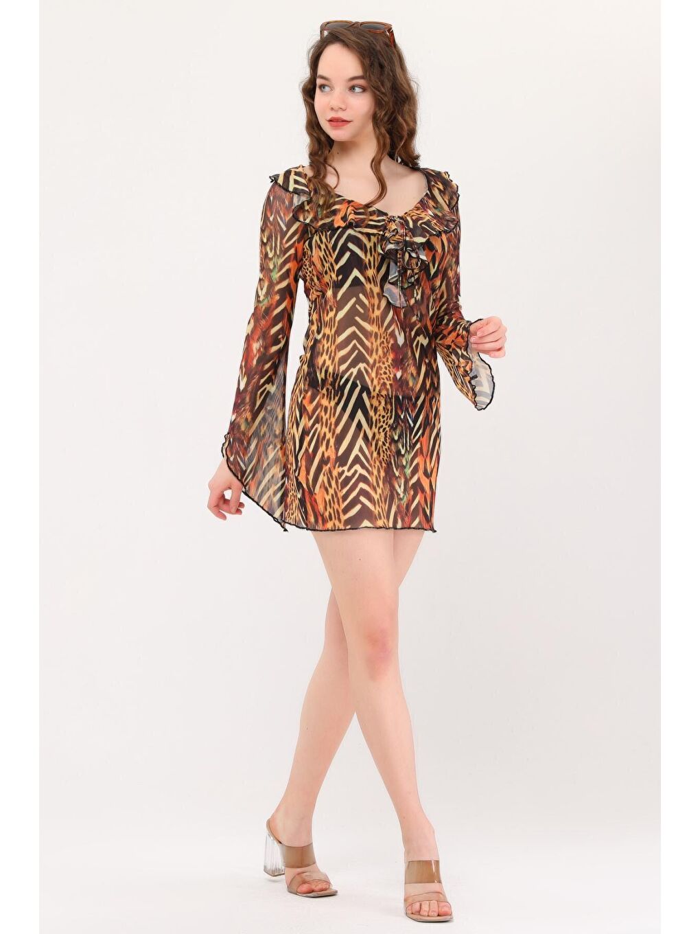 Kahverengi Azula Leopar Fırfırlı Tül Plaj Elbisesi-2