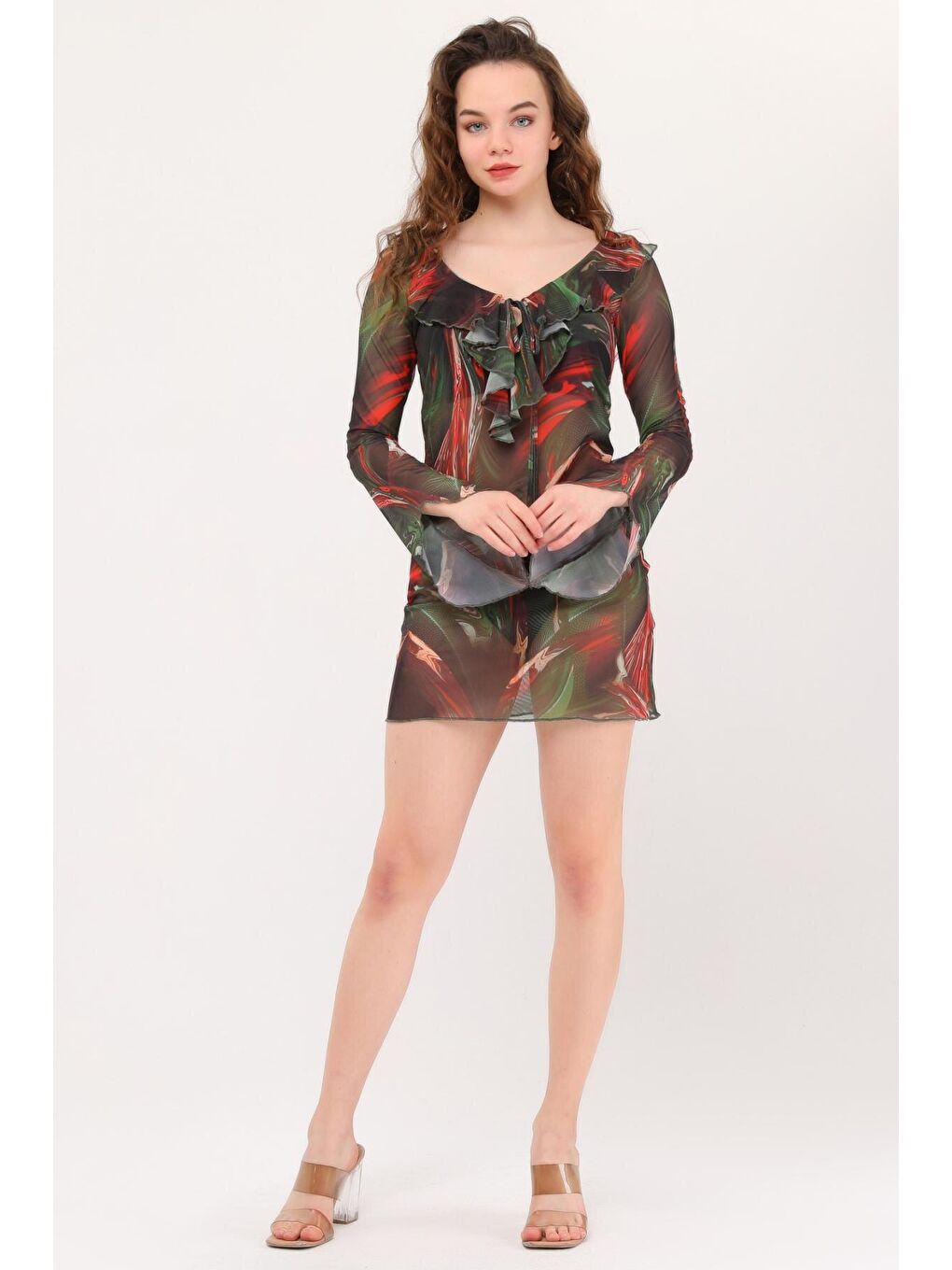 Azula Yeşil Fırfırlı Tül Plaj Elbisesi-2