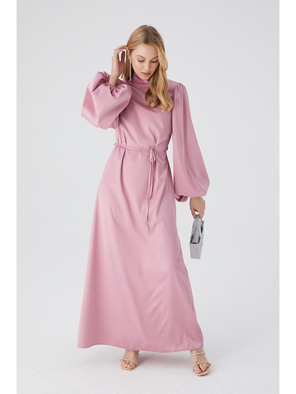 Pembe Balon Kol Saten Abiye Elbise Gül Kurusu-4