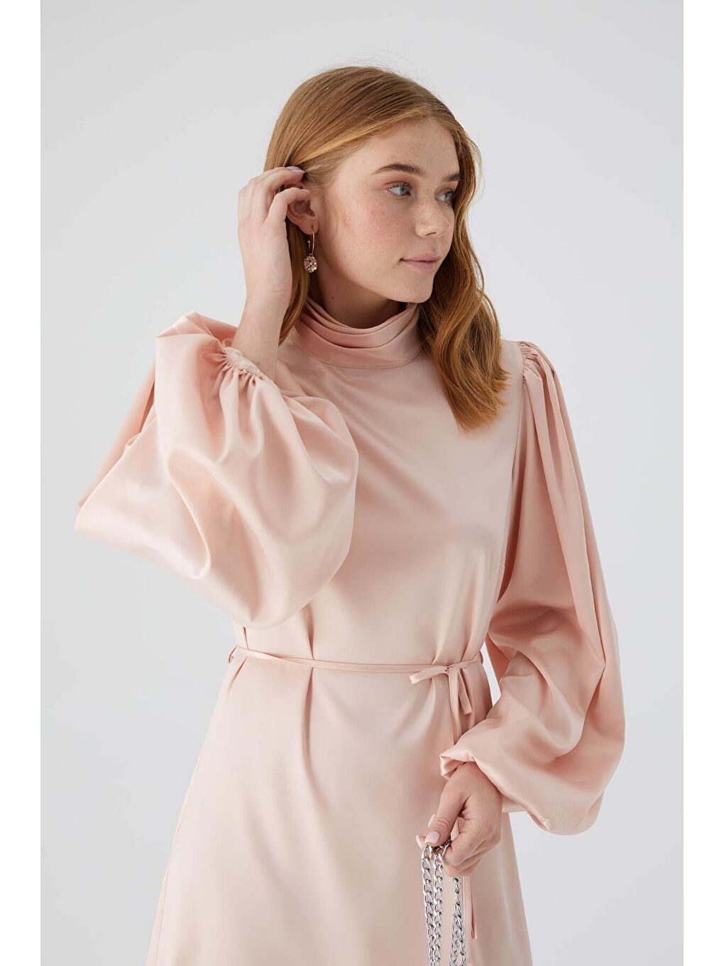 Pembe Balon Kol Saten Abiye Elbise Pudra-2