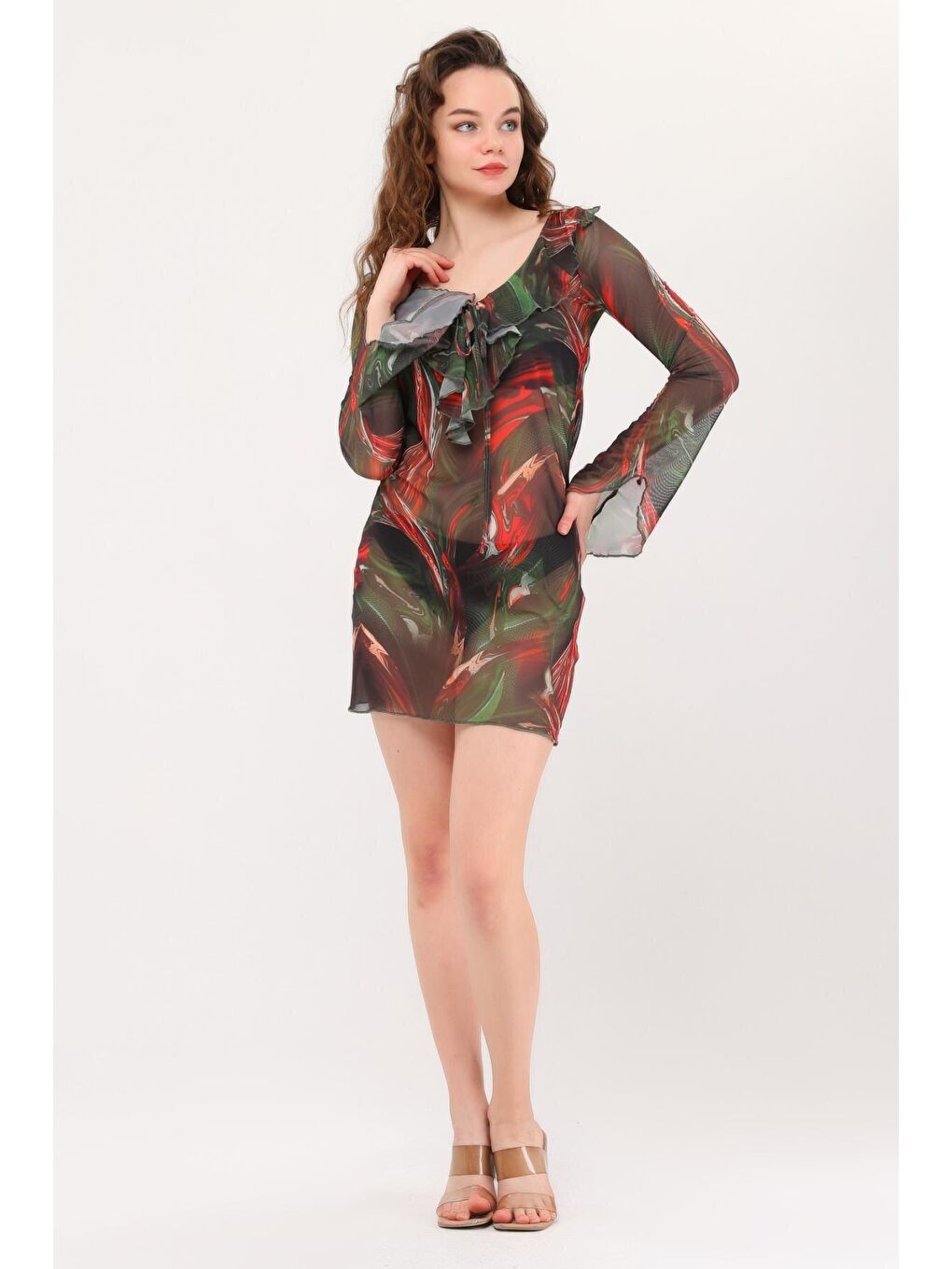 Azula Yeşil Fırfırlı Tül Plaj Elbisesi-3