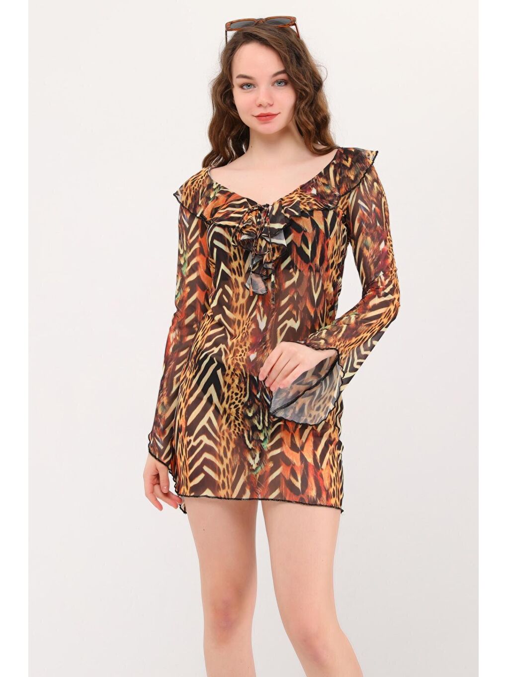 Kahverengi Azula Leopar Fırfırlı Tül Plaj Elbisesi-3