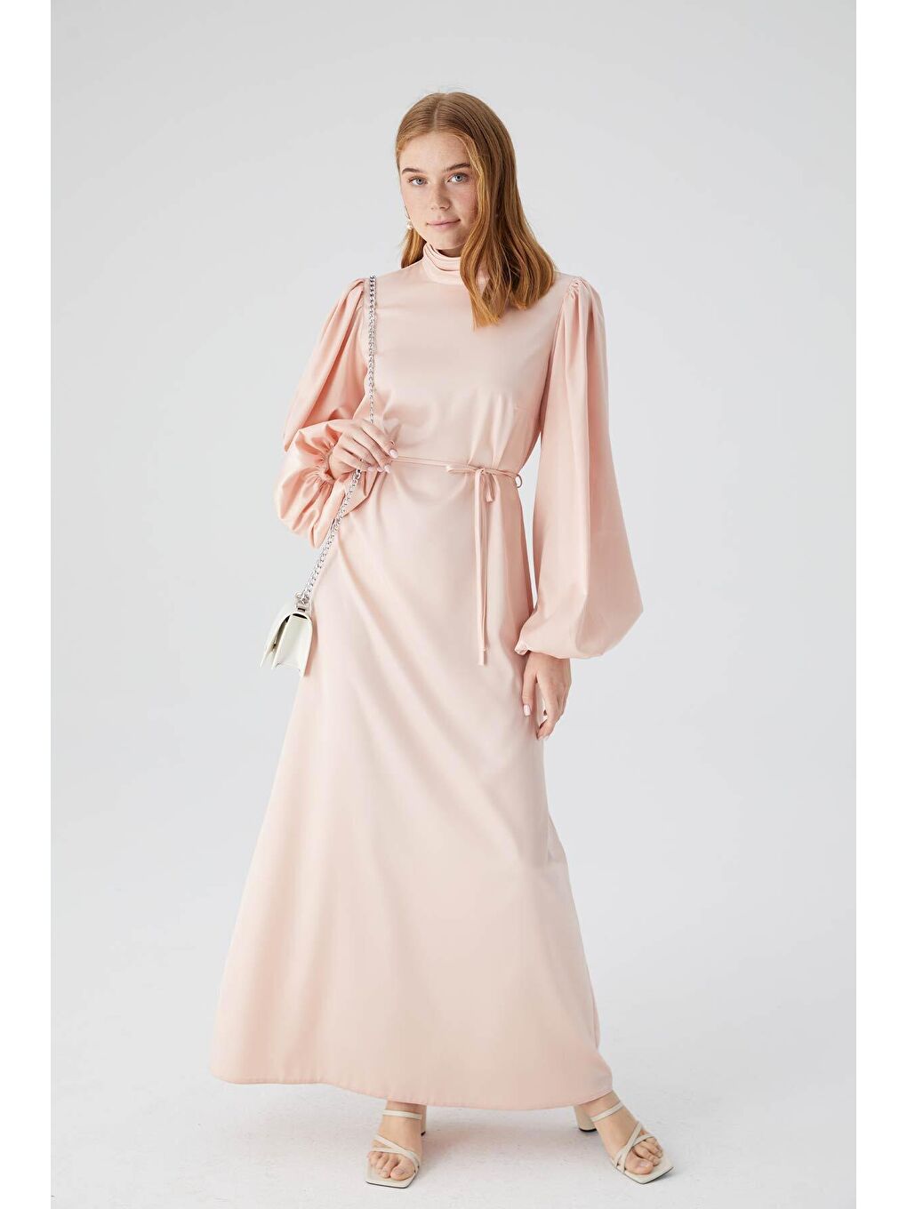Pembe Balon Kol Saten Abiye Elbise Pudra-3