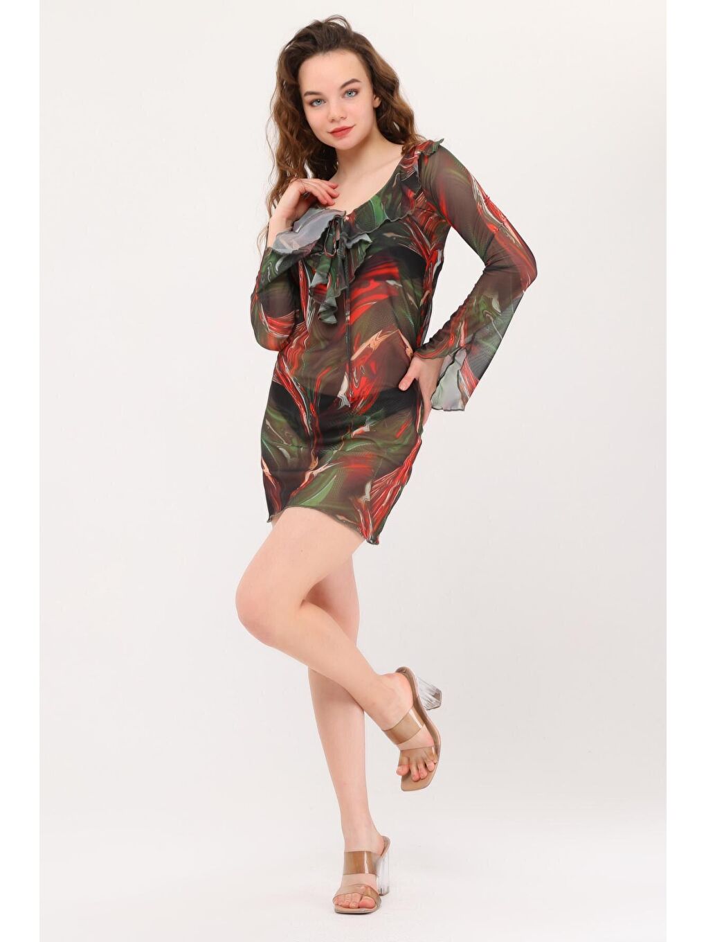 Azula Yeşil Fırfırlı Tül Plaj Elbisesi-4