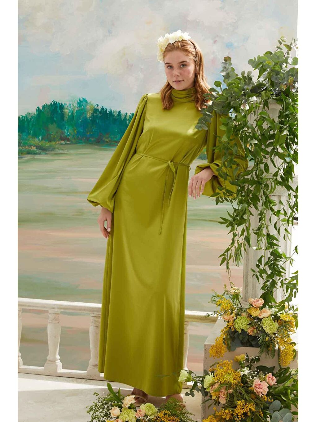 Balon Kol Saten Abiye Elbise Fıstık Yeşili-4