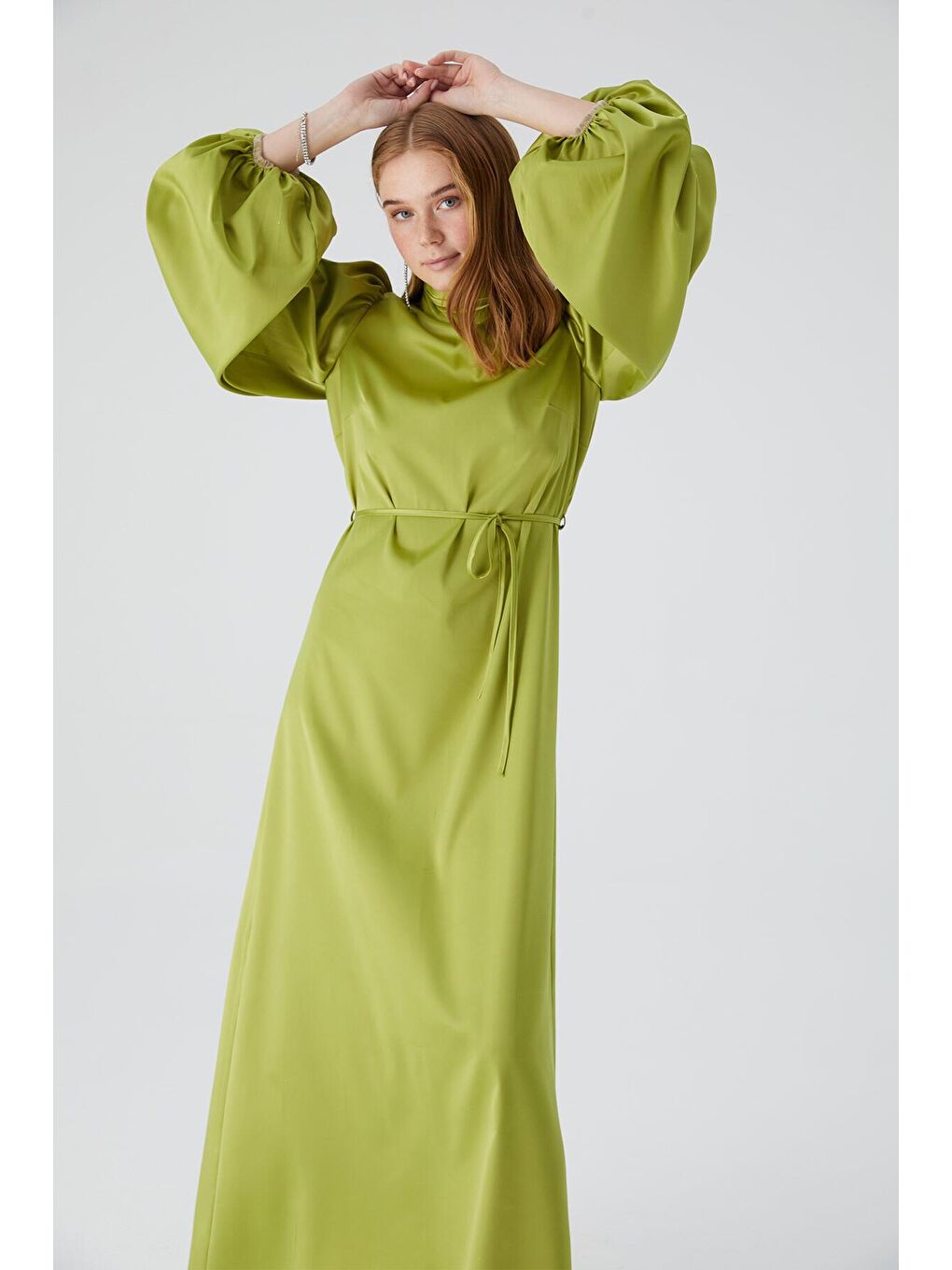 Balon Kol Saten Abiye Elbise Fıstık Yeşili-3