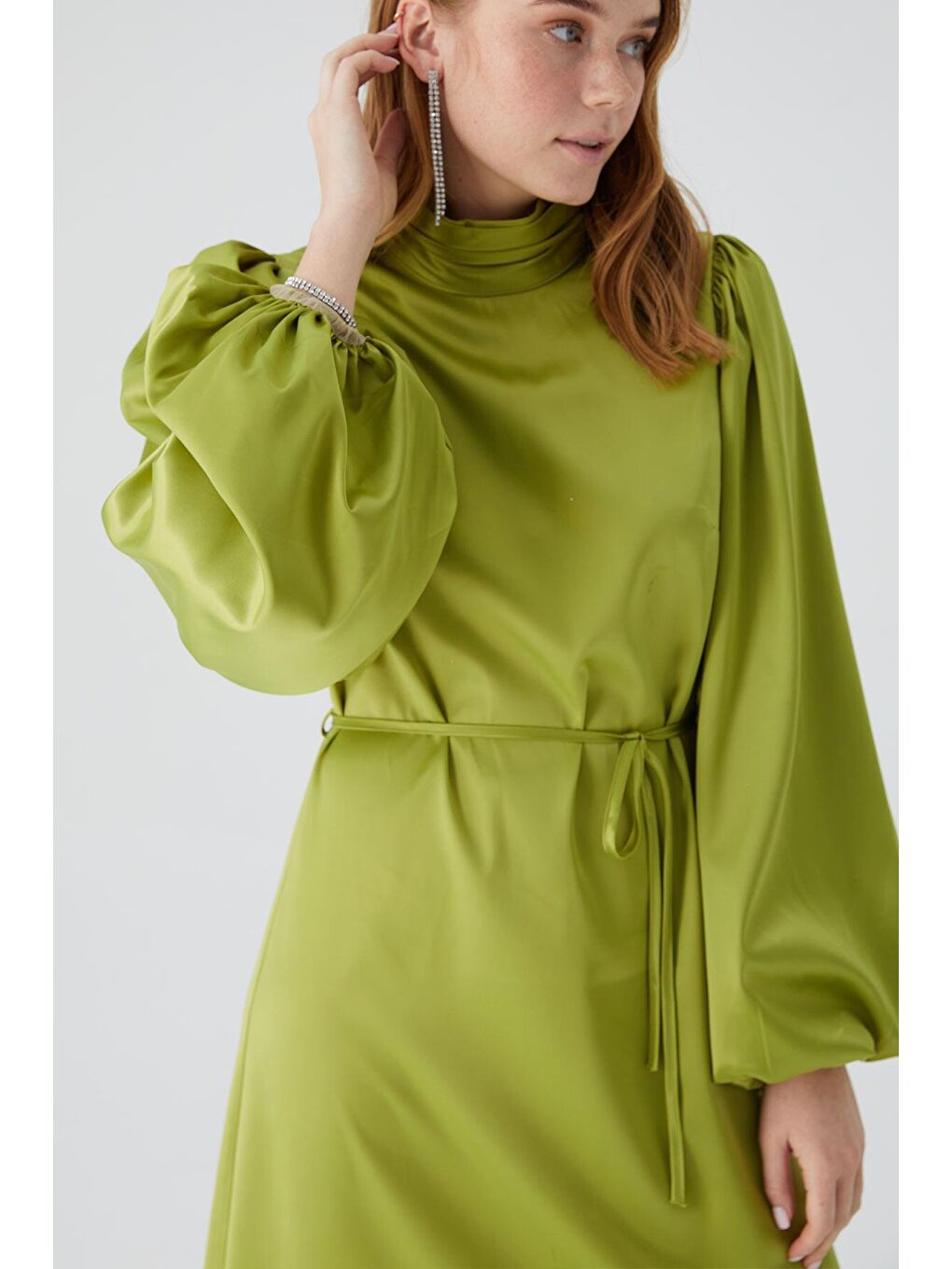 Balon Kol Saten Abiye Elbise Fıstık Yeşili-1