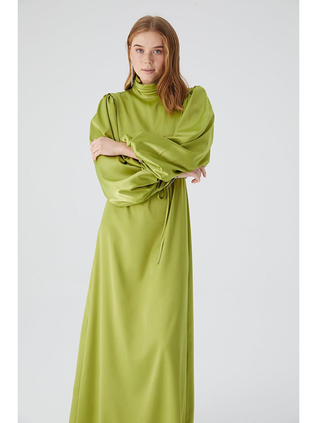 Balon Kol Saten Abiye Elbise Fıstık Yeşili