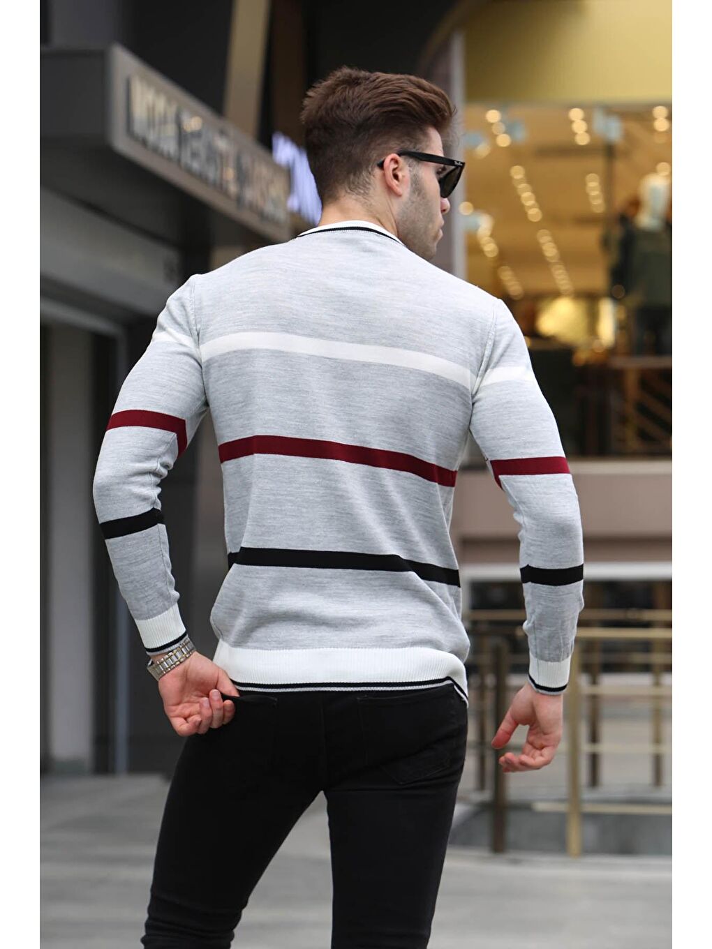 Gri Çizgili Triko Kazak 5171-1