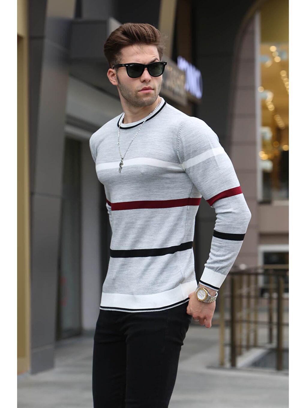 Gri Çizgili Triko Kazak 5171-2