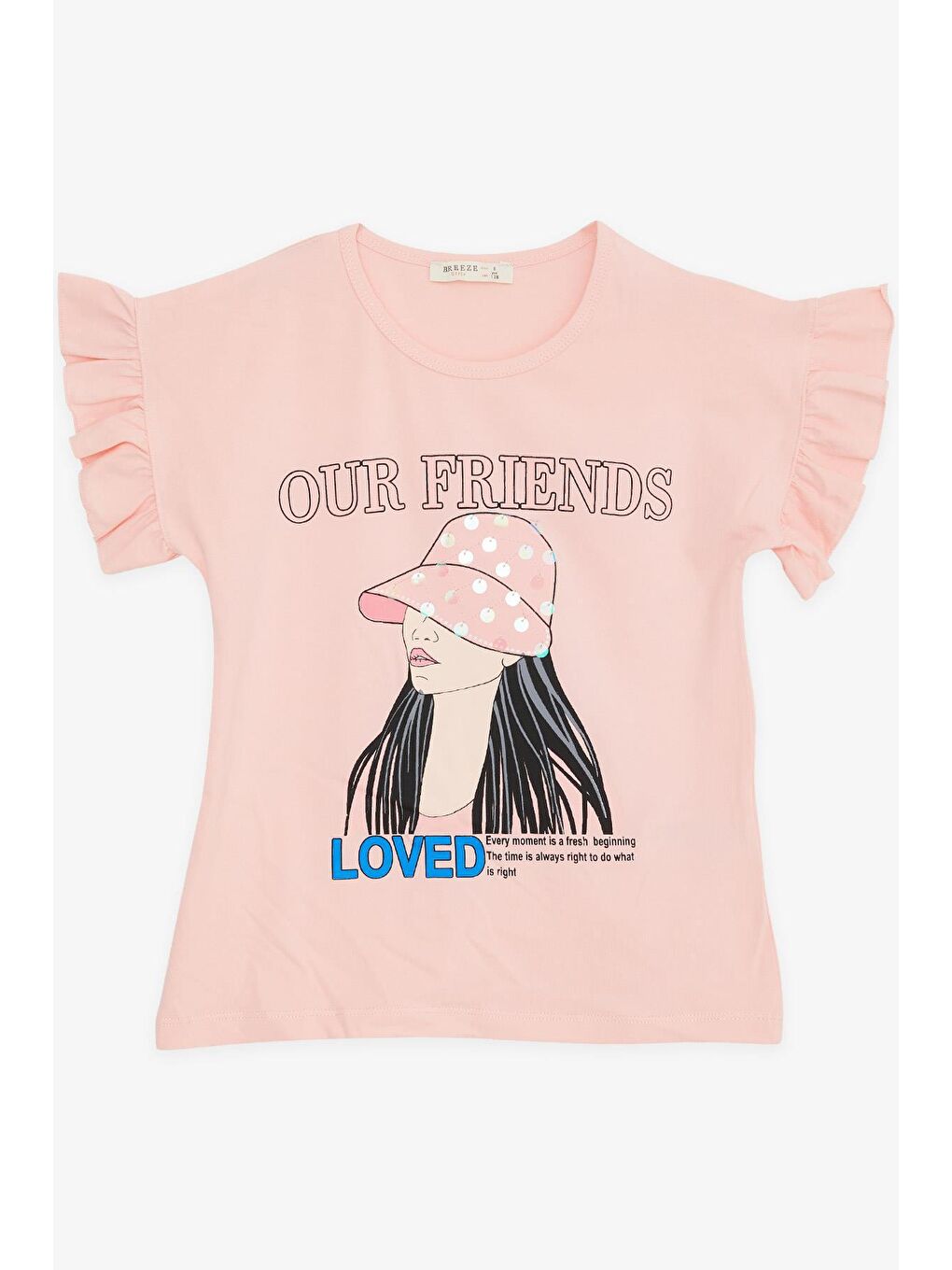 Pembe Kız Çocuk Tişört Pullu Şapkalı Kız Baskılı Somon (8-12 Yaş)