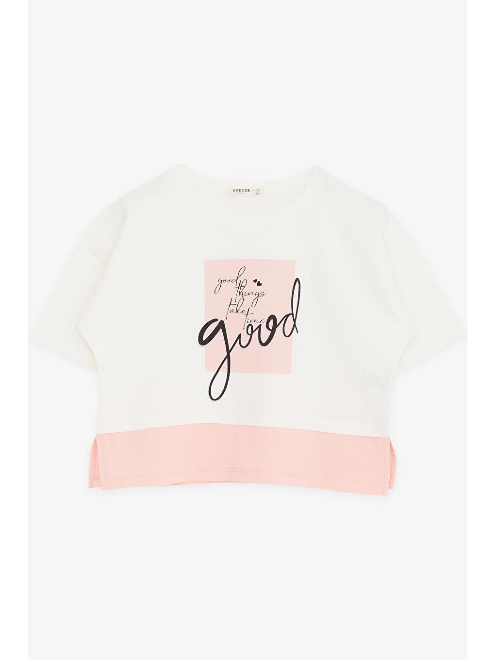 Kız Çocuk Crop Tişört Yazı Baskılı Yanları Yırtmaçlı Ekru (9-14 Yaş)-3