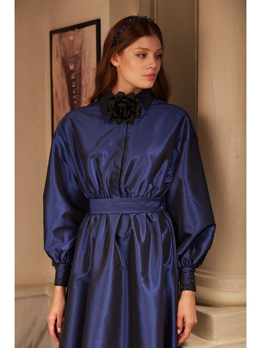 Taşlı Tafta Abiye Elbise Gece Mavisi