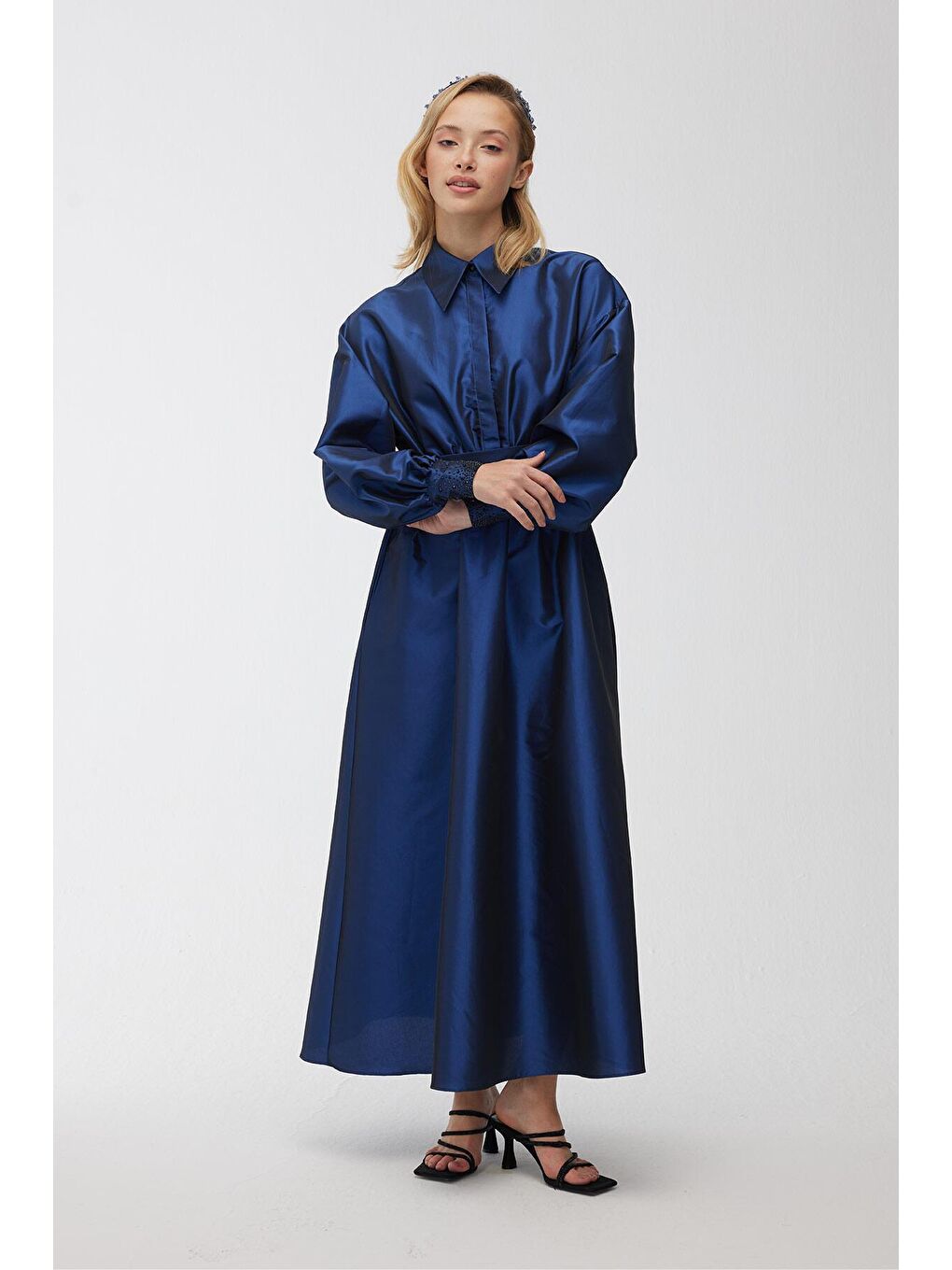 Taşlı Tafta Abiye Elbise Gece Mavisi-1