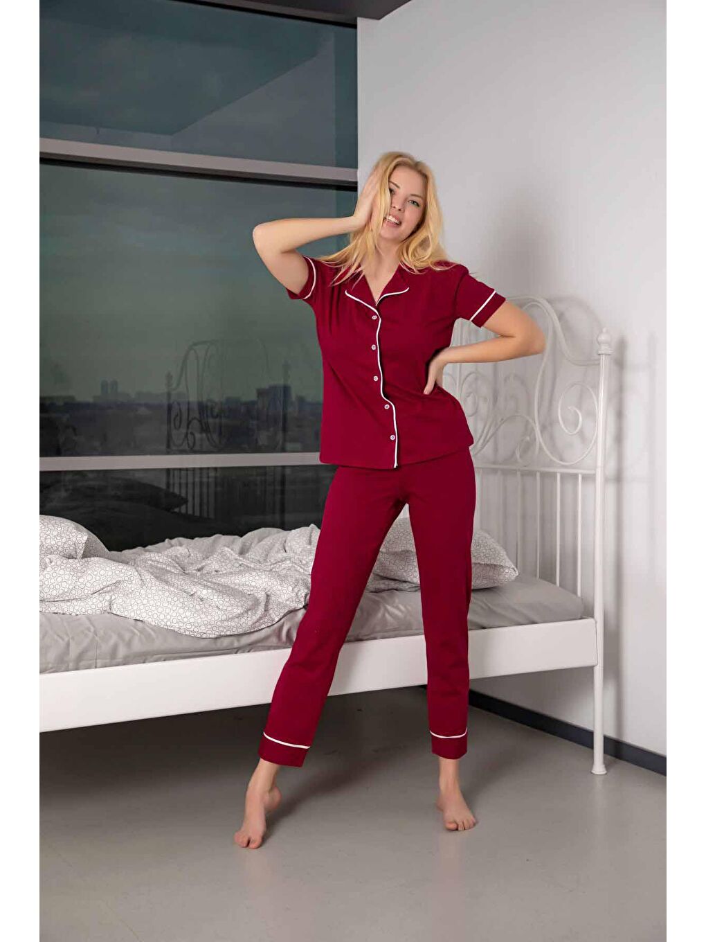 Bordo Kısa Kollu Pamuklu Düğmeli Biyeli Pijama Takım-2